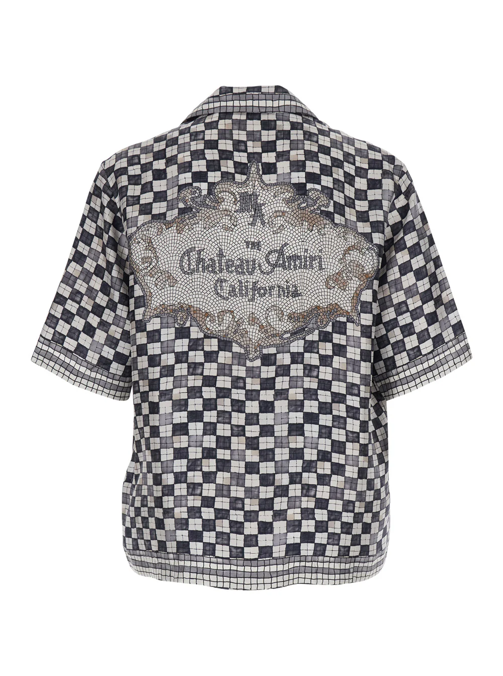 Amiri Silk Shirt with All-Over Check Motif and Logo Lettering on the Back Black Men Blouses