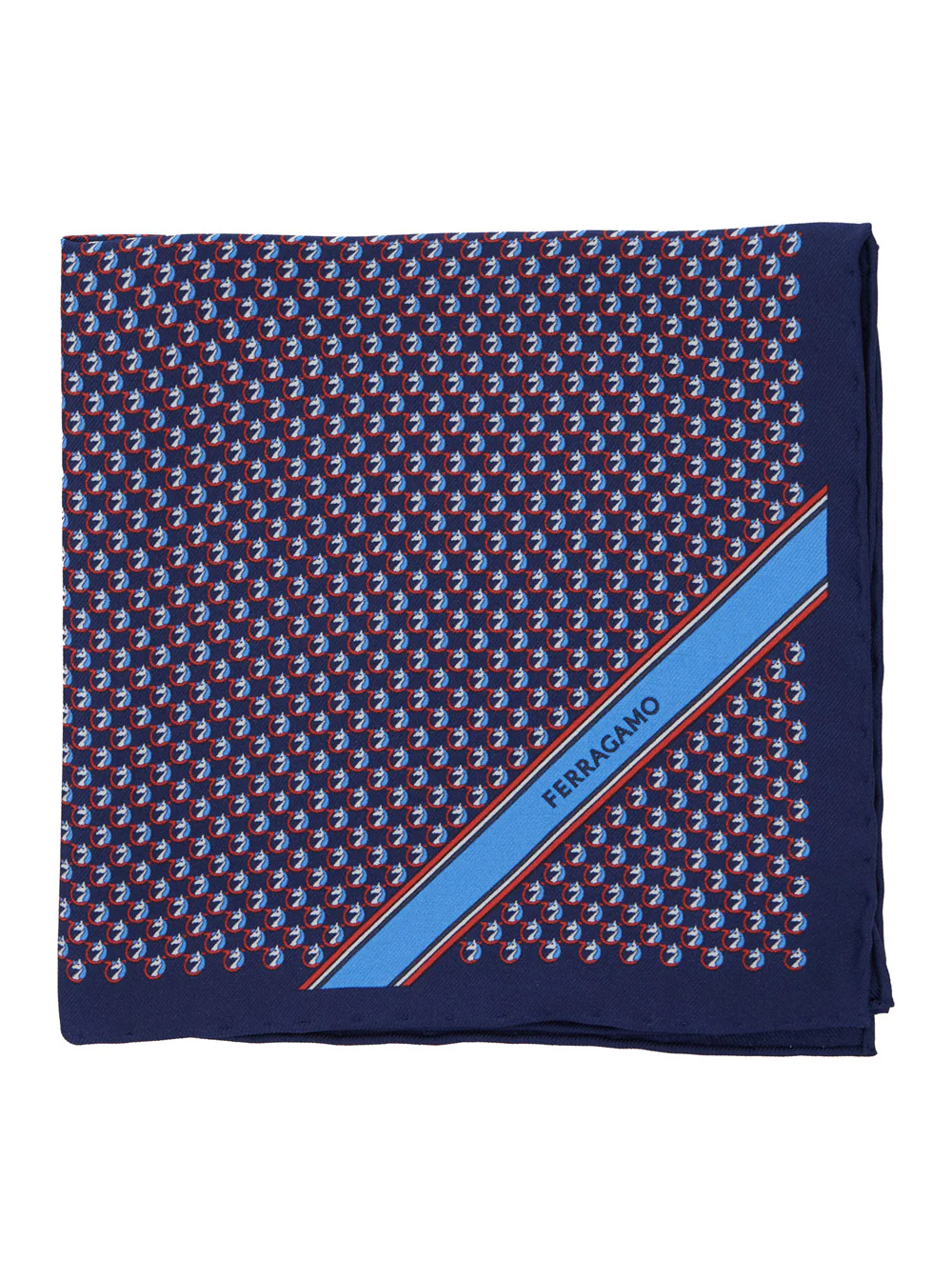 Ferragamo Blue Pocket Square with Gancini Print and Lettering Logo in Silk Man Blu Papillon Ties