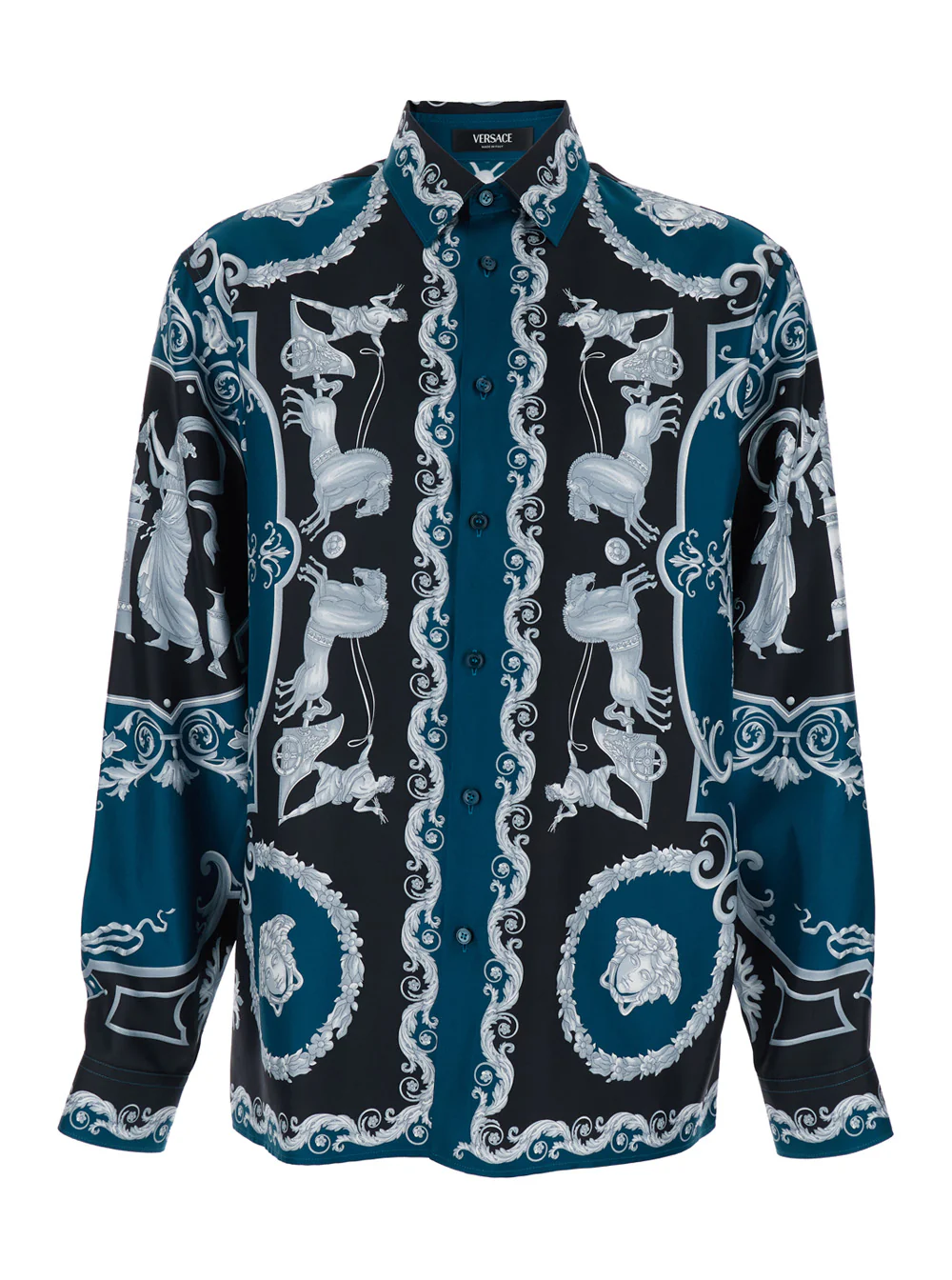 Versace Blue Shirt with Classic Collar and All-Over Silk Print for Men Blu Blouses