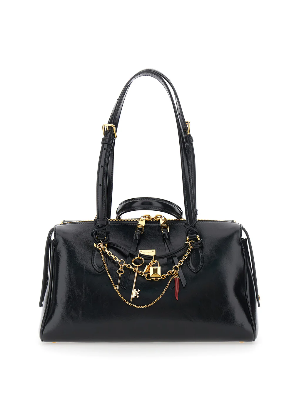 Dolce & Gabbana Black Shoulder Bag Vittoria with Chain Detail and Charm on Front in Leather for Women Cotton Calf