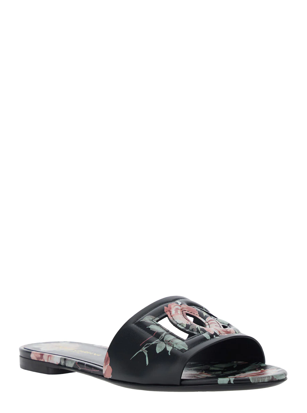 Dolce & Gabbana Black Leather Slide Sandals with Cut Out DG Logo and Floral Motif for Women Lamb Sheep Calf Flat Shoes