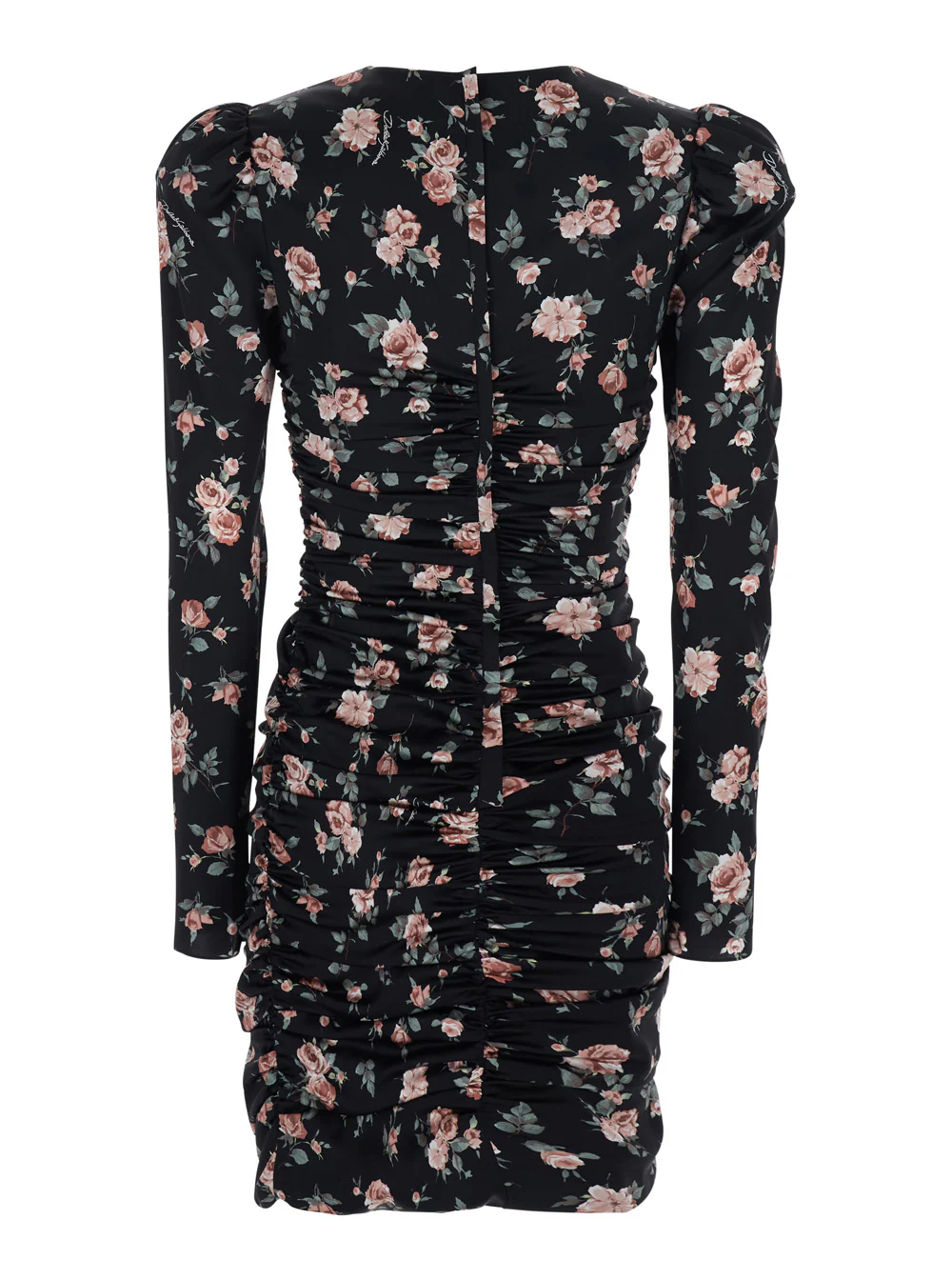 Dolce & Gabbana Black Dress with Floral Print and Side Draping in Silk for Women Elastane