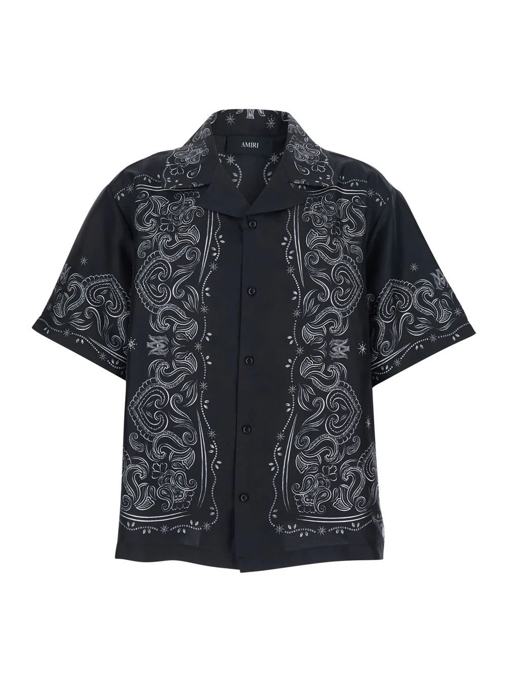 Amiri Black Shirt with Cuban Collar and All-Over Bandana Print in Silk Man Blouses
