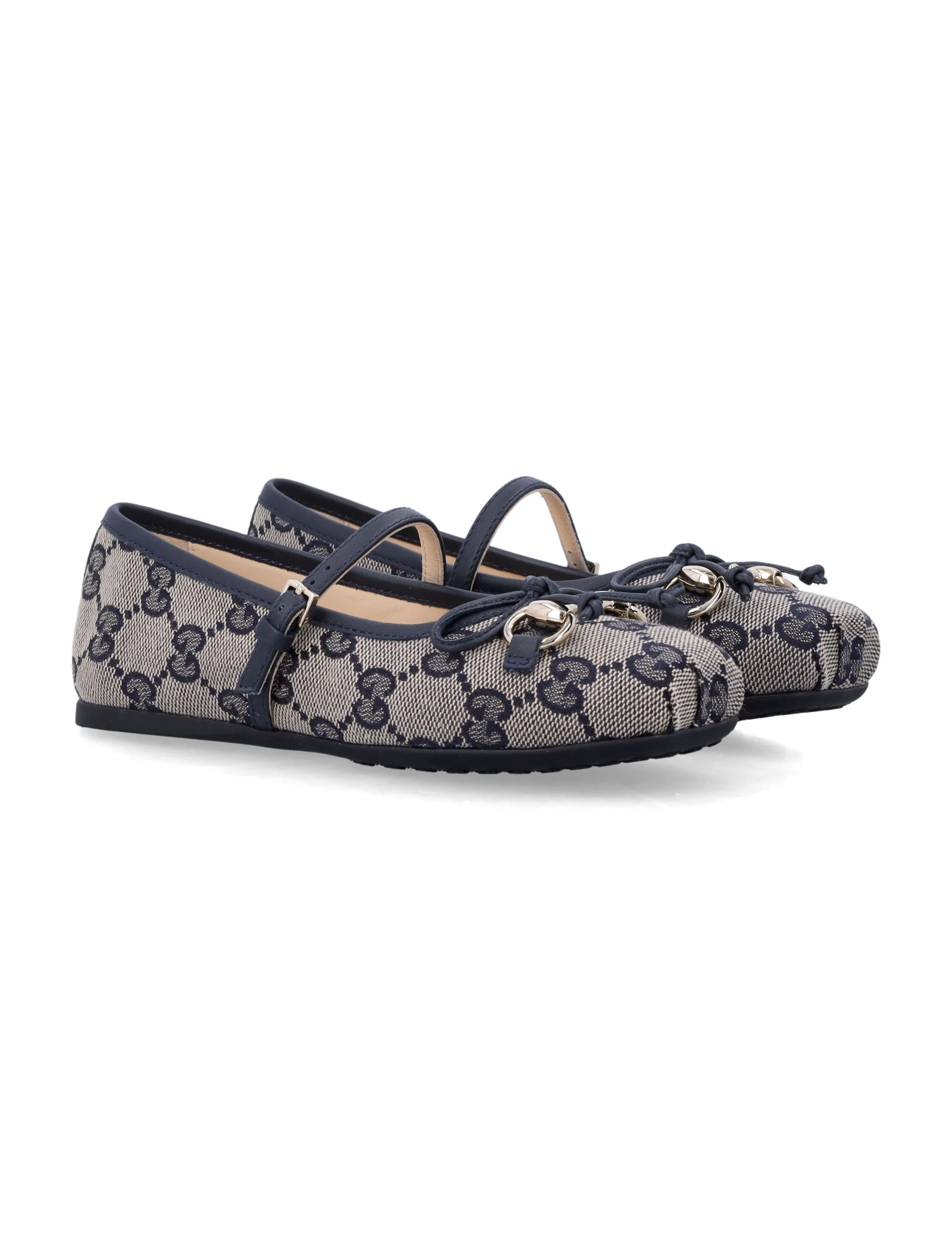 Gucci Gg Canvas Horsebit Ballet Flats For Girls Beige Blue Polyester Flat Shoes
