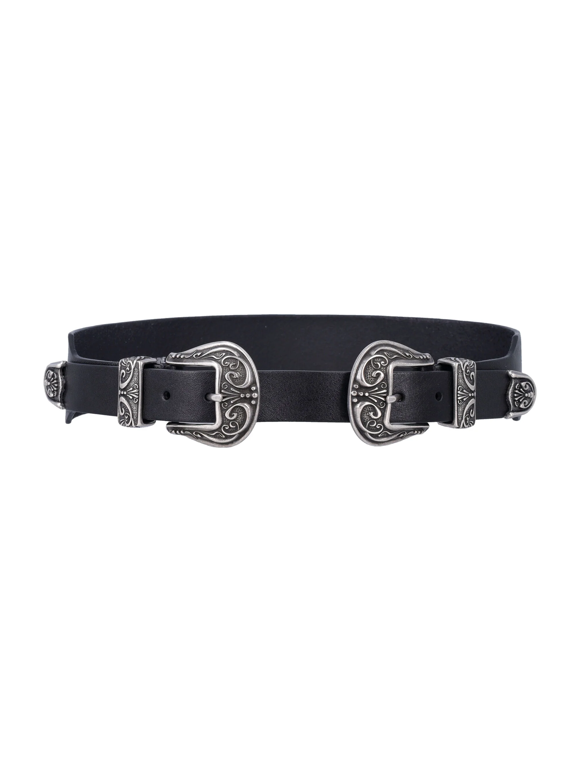 Golden Goose black washed leather belt with silver double buckle Cow