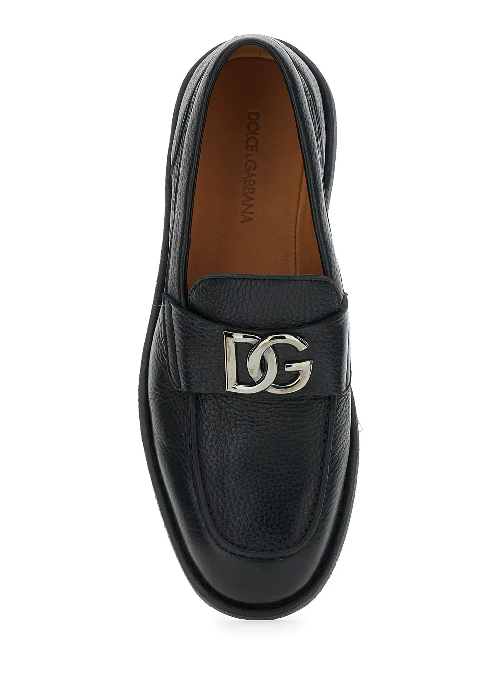 Dolce & Gabbana Florio Black Loafers with DG Plaque on the Front in Grained Leather Man Deer