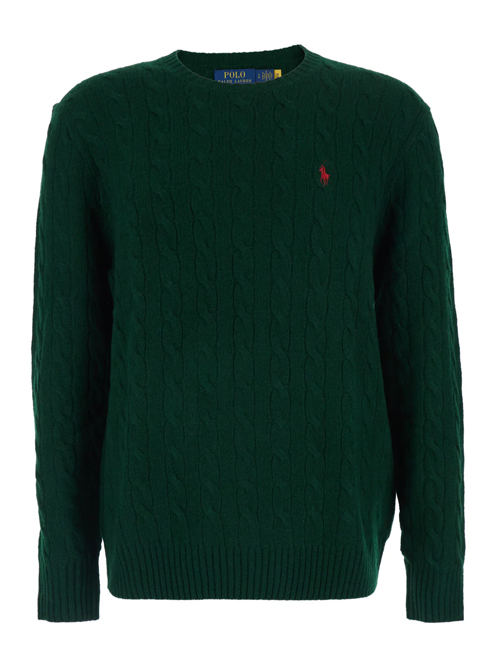 Polo Ralph Lauren Crew Neck Sweater with Pony Embroidery on the Front and Cable Knit in Green Wool Cashmere for Men Jersey