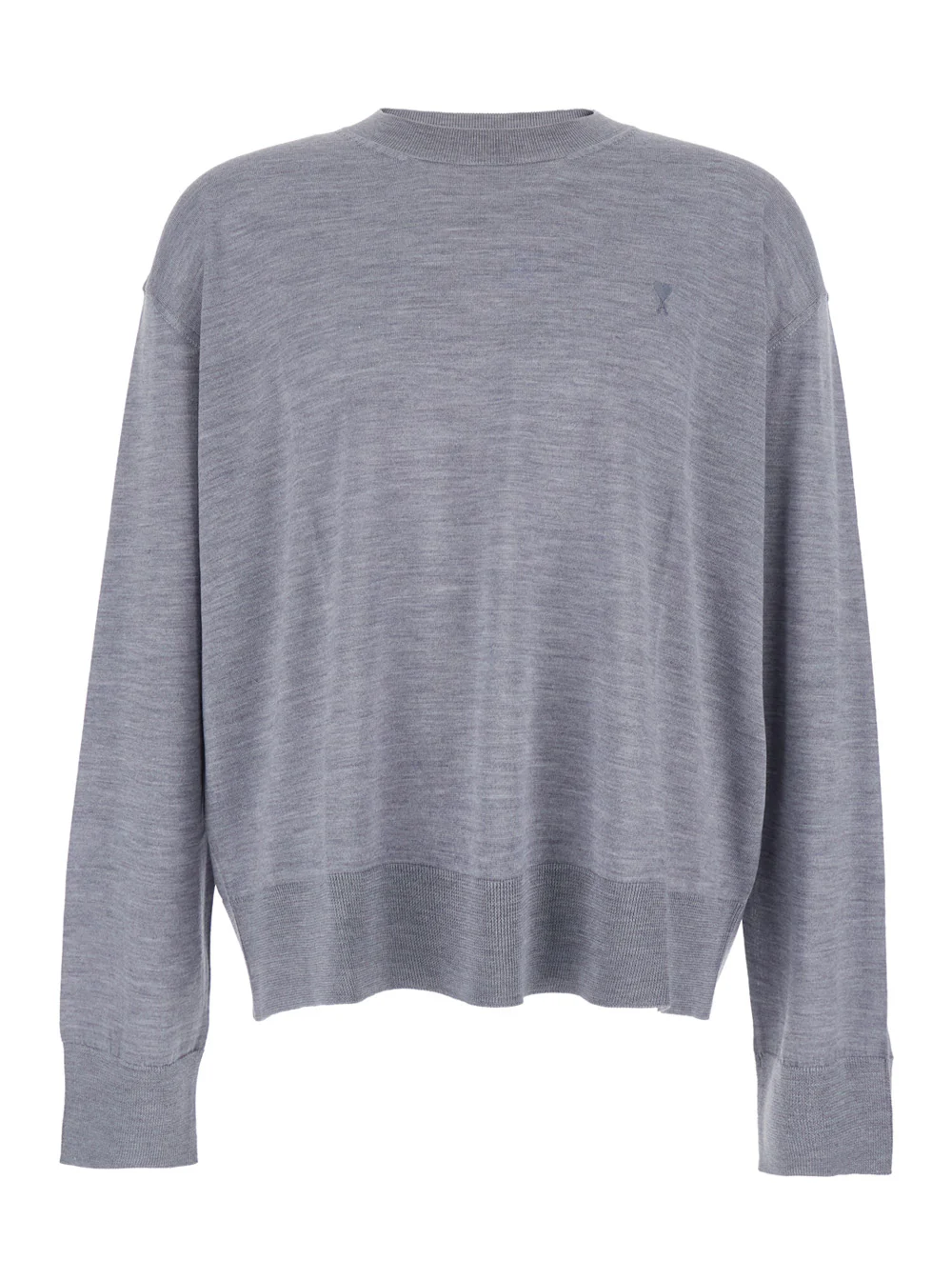AMI Paris Grey Crew Neck Sweater with Embroidered Logo on the Front in Wool Man Jersey