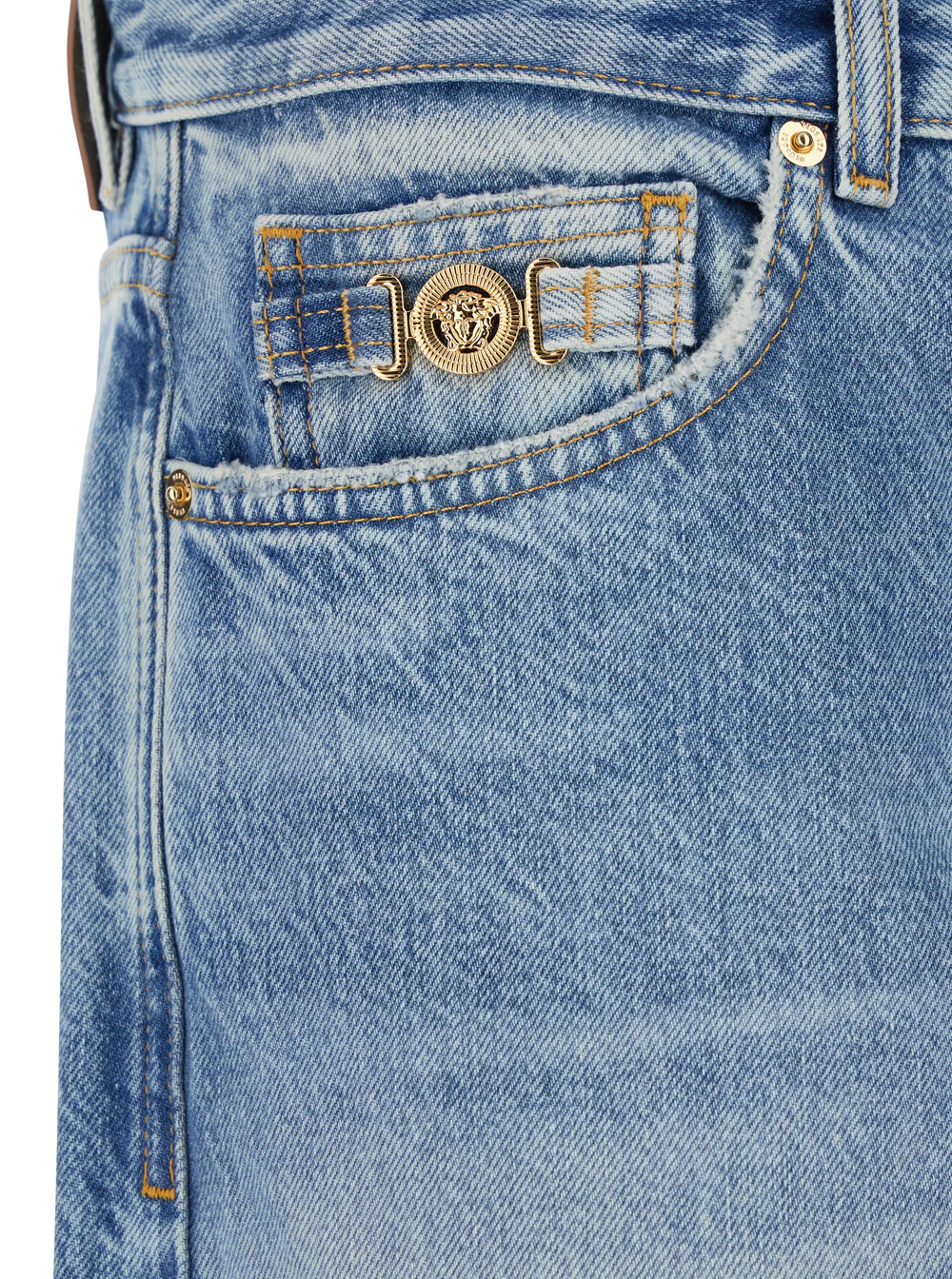 Versace Light Blue Jeans with Logo Patch on the Back and Faded Effect in Denim for Men Cotton