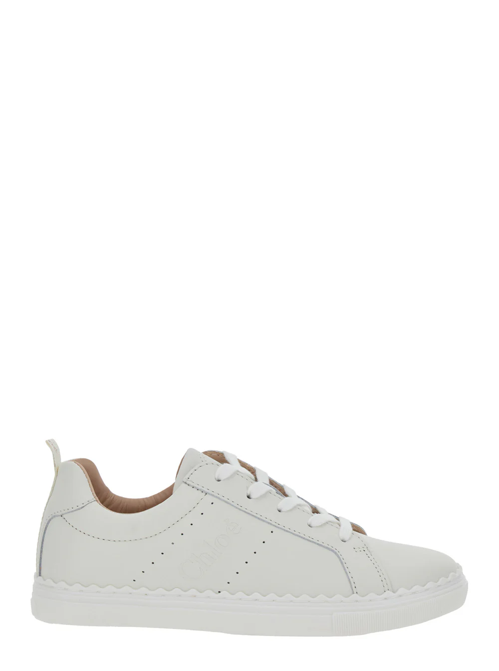 Chloé Kids White Low Top Sneakers with Embossed Logo Lettering on the Tongue and Pull-Tab Heel in Leather Girl Calf
