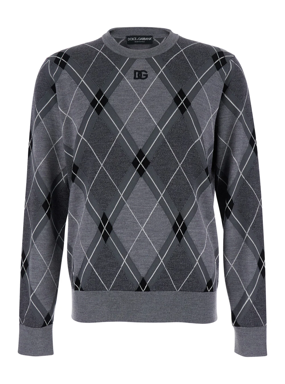 Dolce & Gabbana Grey Crew Neck Sweater with Front Logo and Diamond Pattern in Wool Blend Man Silk Virgin Jersey