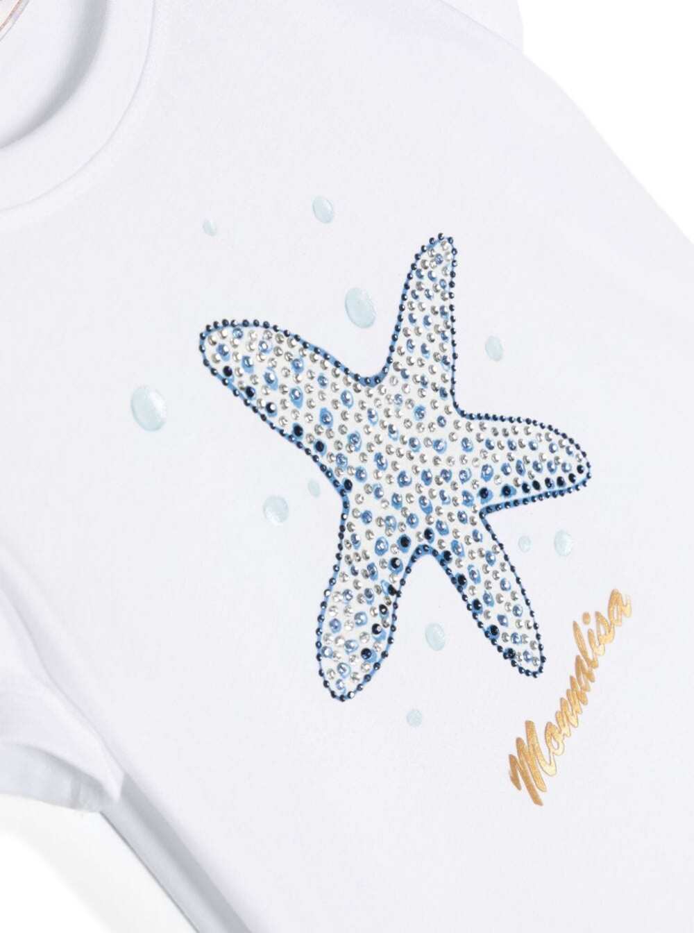 Monnalisa Kids White T-Shirt With Starfish Print Stretch Cotton Girl Elastan Tshirts And Polo Shirts