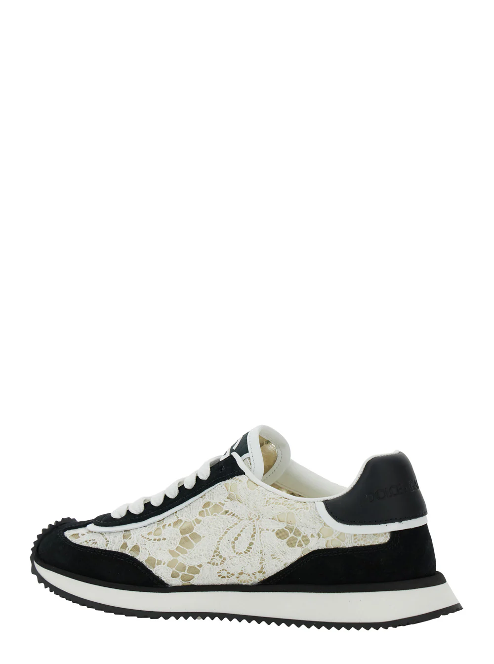 Dolce & Gabbana Black and White Low Top with Lace Details DG Patch on the Side in Fabric Suede Blend Woman White/black Viscose Cotton Polyamide Sneaker