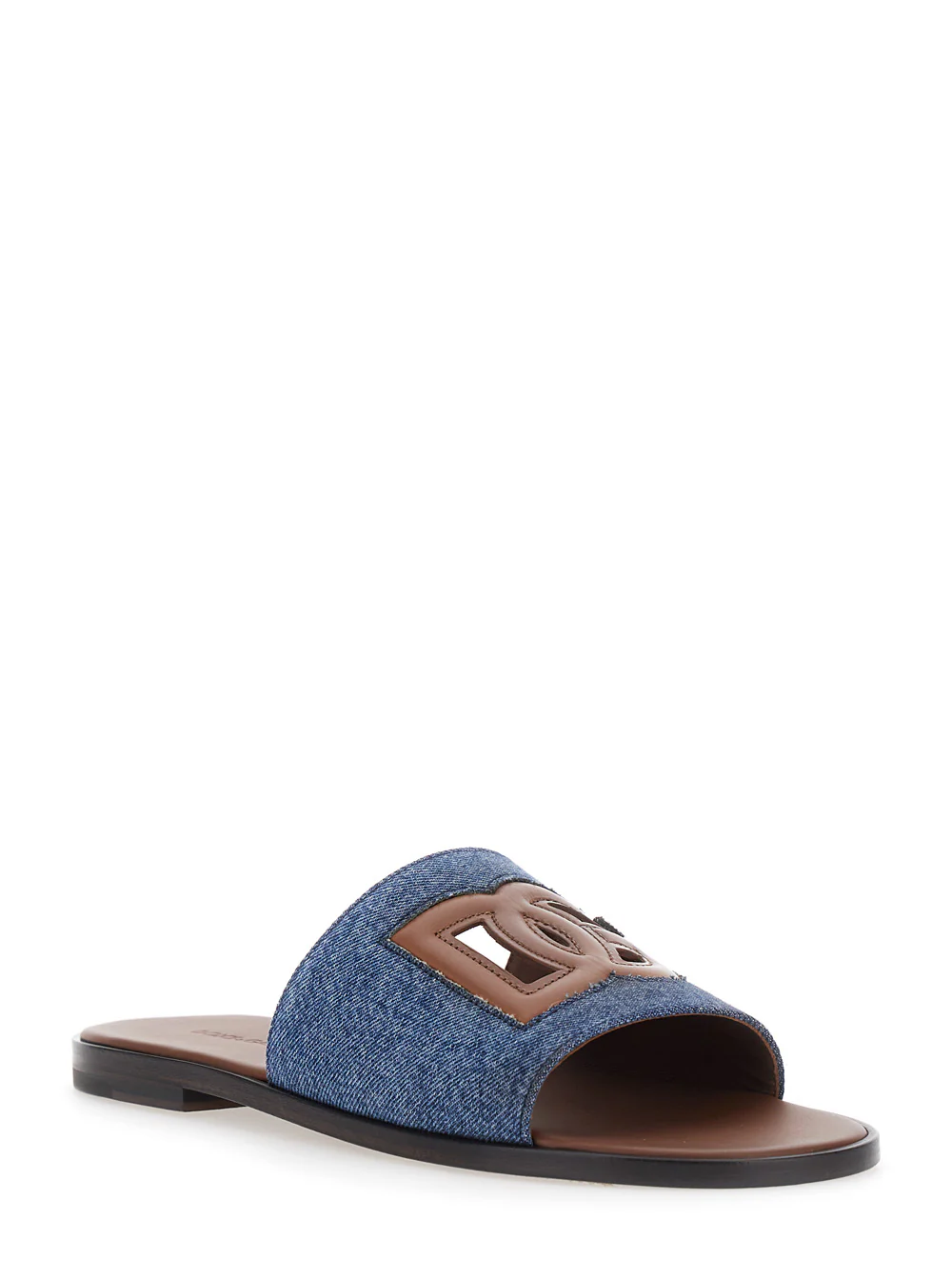 Dolce & Gabbana Brown Sandals with Cut-Out Logo and Denim Strap in Leather for Men Lamb Flat Shoes