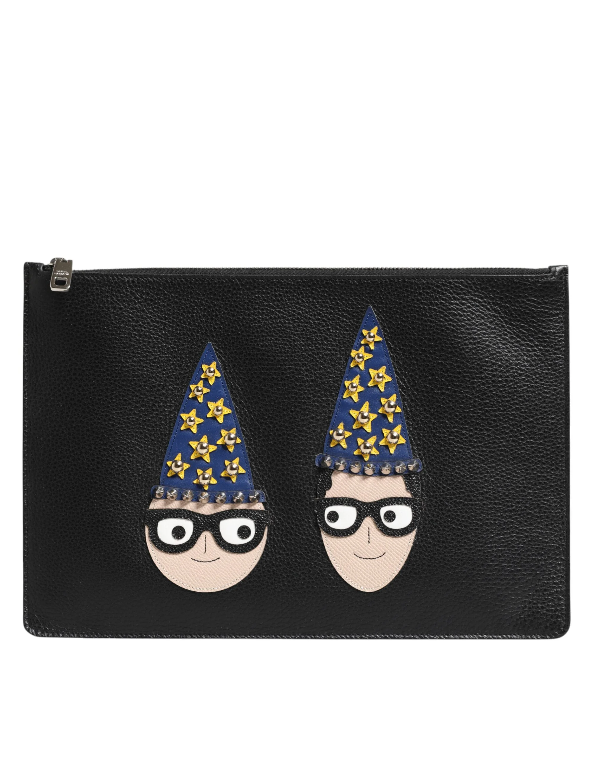 Dolce & Gabbana Black Leather #dgfamily Embellished Men Clutch Pouch Bag Accessory