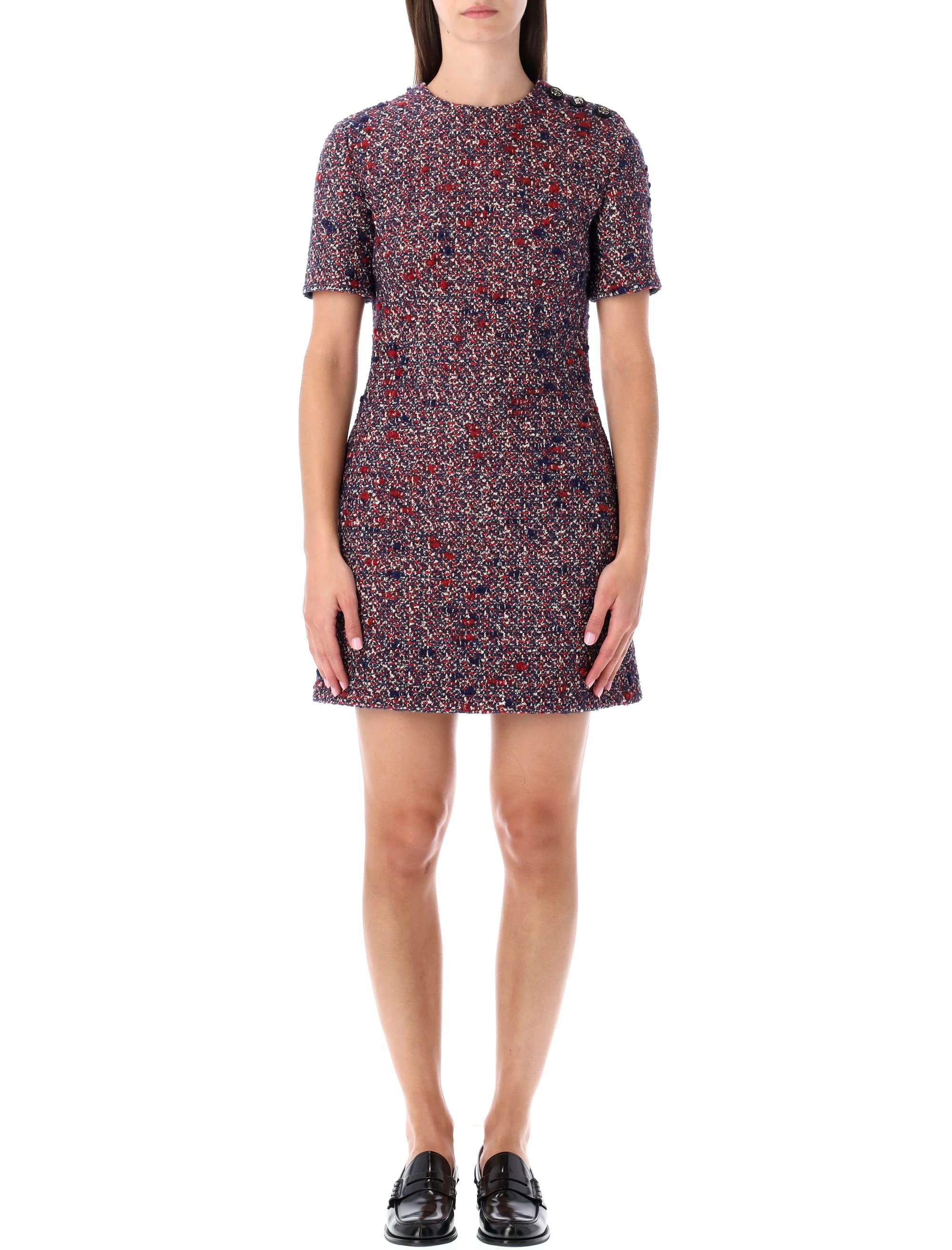 Gucci Tweed Short Sleeve Mini Dress Blue Red Multi Wool