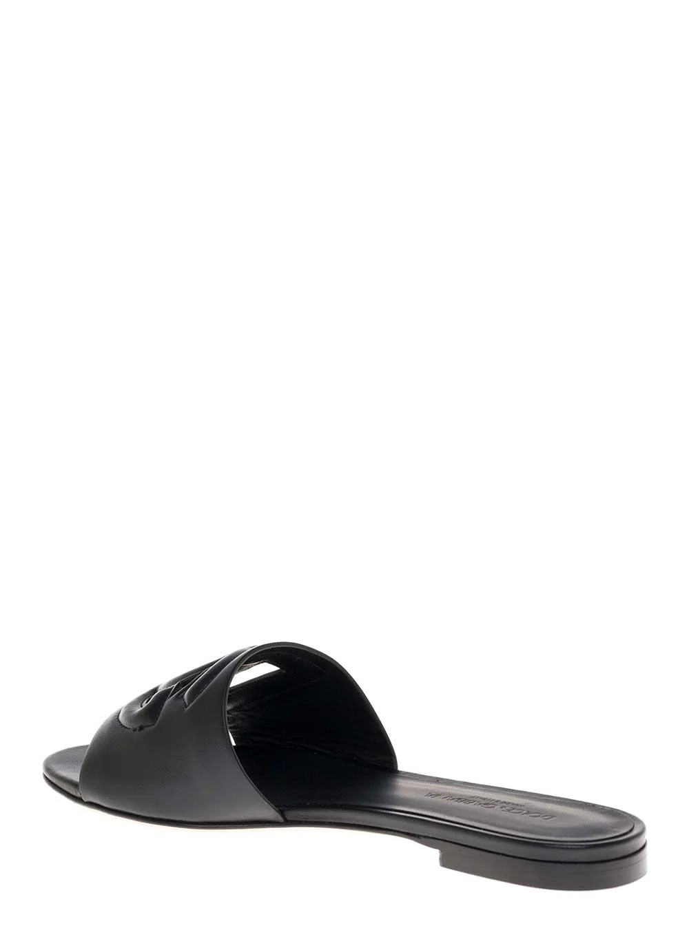Dolce & Gabbana Black Leather Cut-Out Detail Slip-On Sandals For Women Lamb Calf Flat Shoes