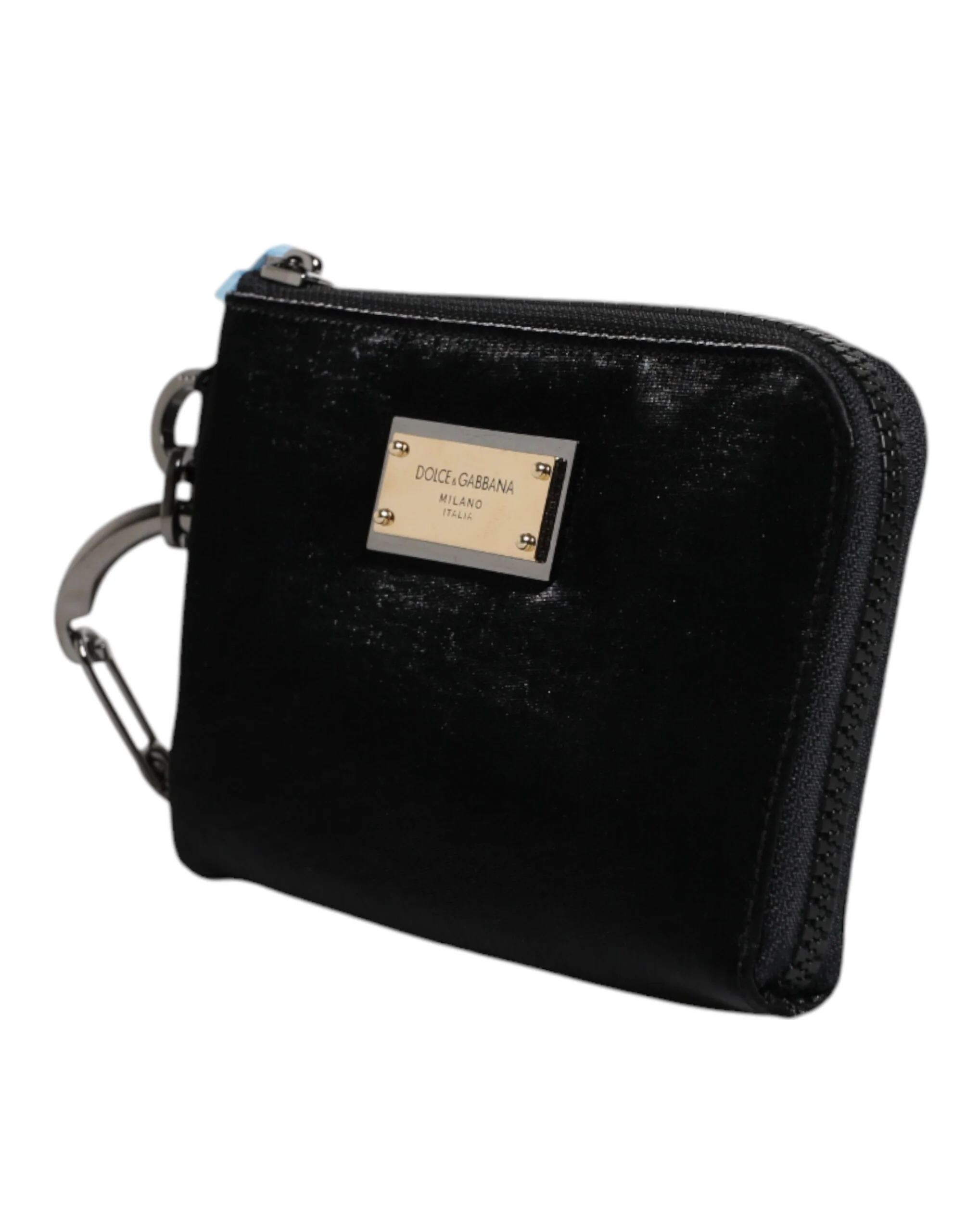 Dolce & Gabbana Black Nylon Logo Plaque Keyring Pouch Clutch Bag Leather