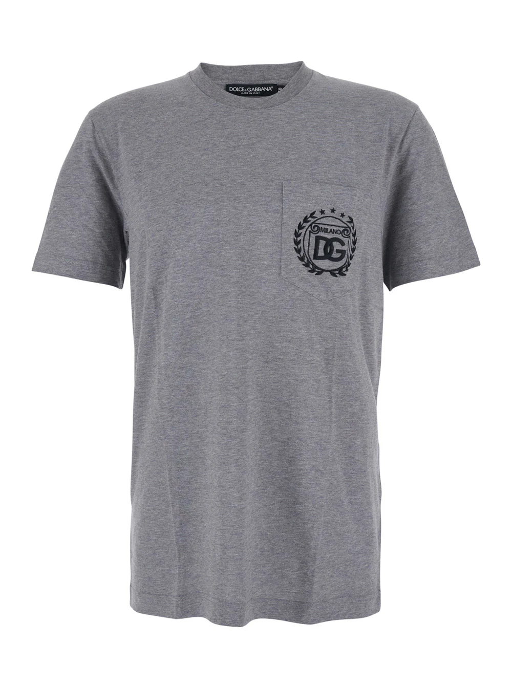 Dolce & Gabbana Grey Crewneck T-Shirt with Logo Embroidery on the Front in Cotton Man Tshirts And Polo Shirts