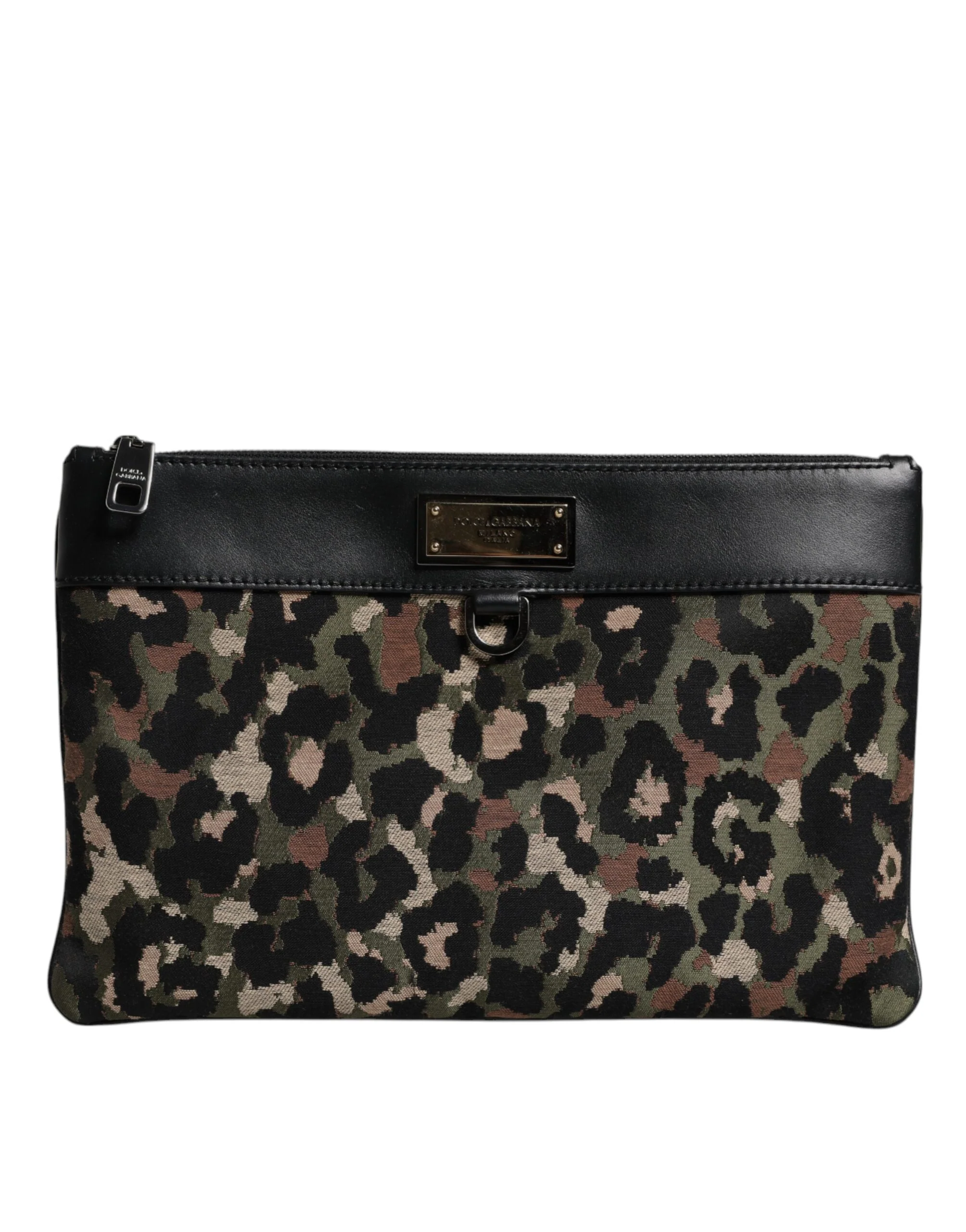 Dolce & Gabbana Multicolor Leopard Jacquard Print Logo Plaque Pouch Bag Cotton
