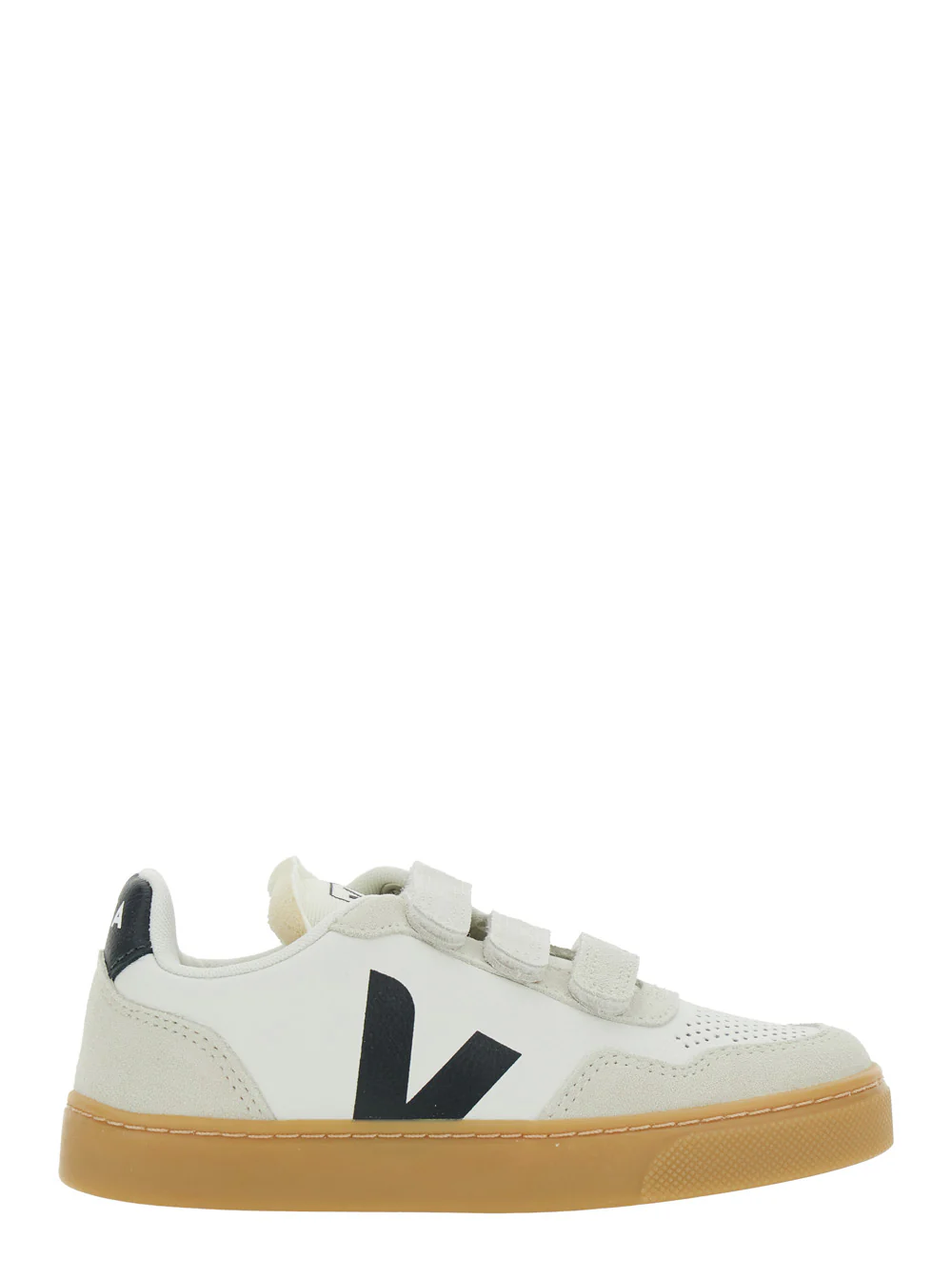 Veja Kids Sneaker V-90 Low Top with Logo Patch on the Side and Contrast Heel Leather Lettering for Kids White Organic Traced
