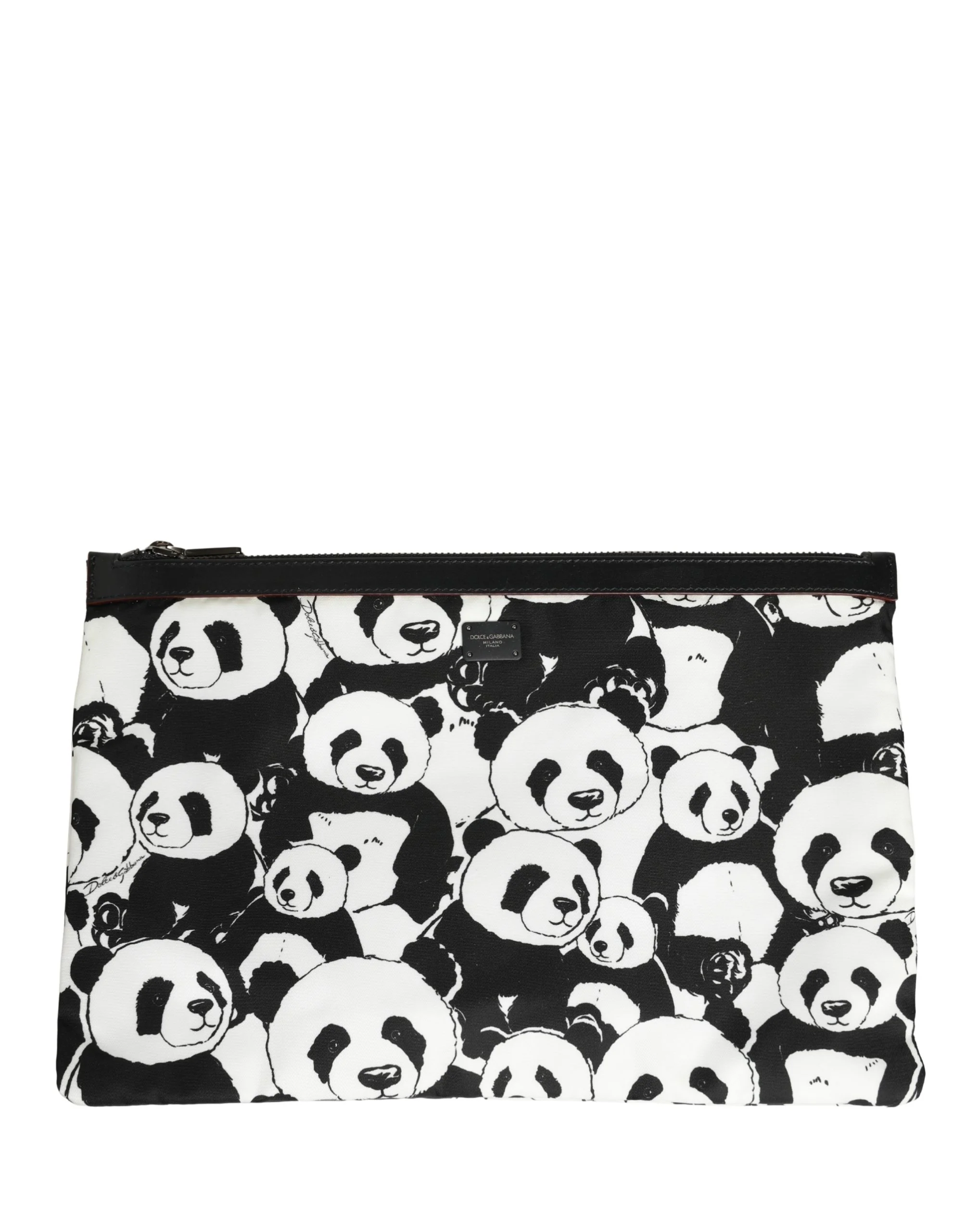 Dolce & Gabbana Black White Panda Print Nylon Clutch Men Pouch Borse Bag And Calf Leather