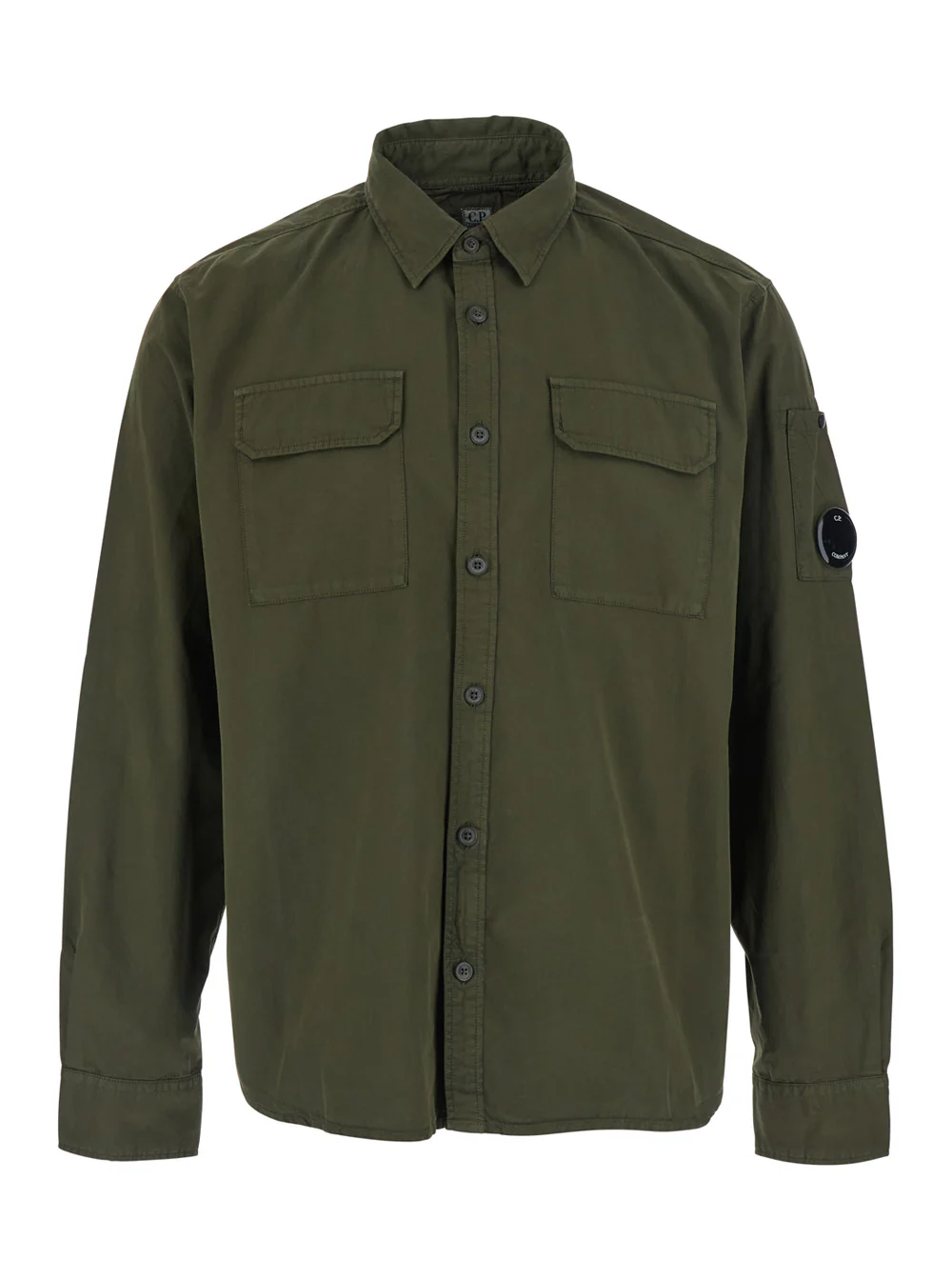 C.P. Company Green Jacket With Classic Collar And Logo Plate On Sleeve In Cotton Man Outerwear