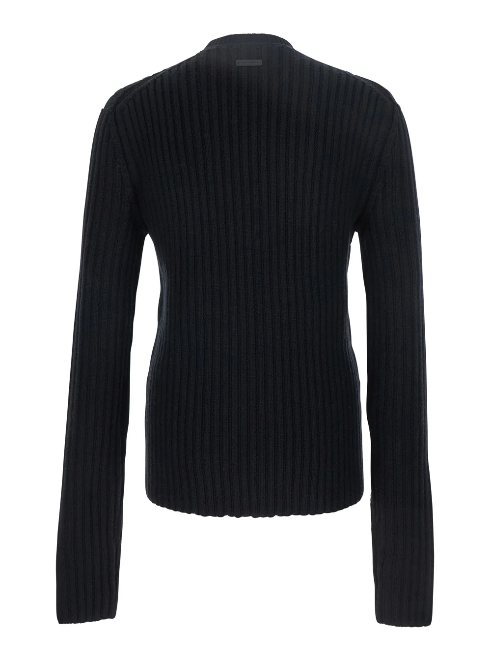 Dolce & Gabbana Black Ribbed Knit Crewneck Sweater with Logo Patch on the Rear in Wool Man Virgin Jersey