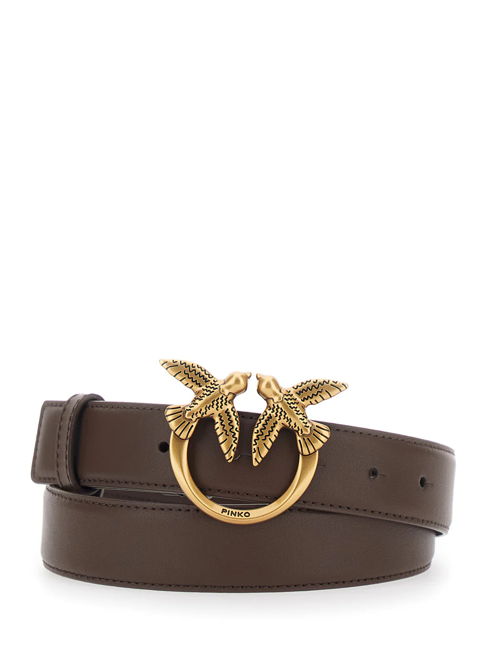 Pinko Brown Leather Love Birds Buckle Belt For Women