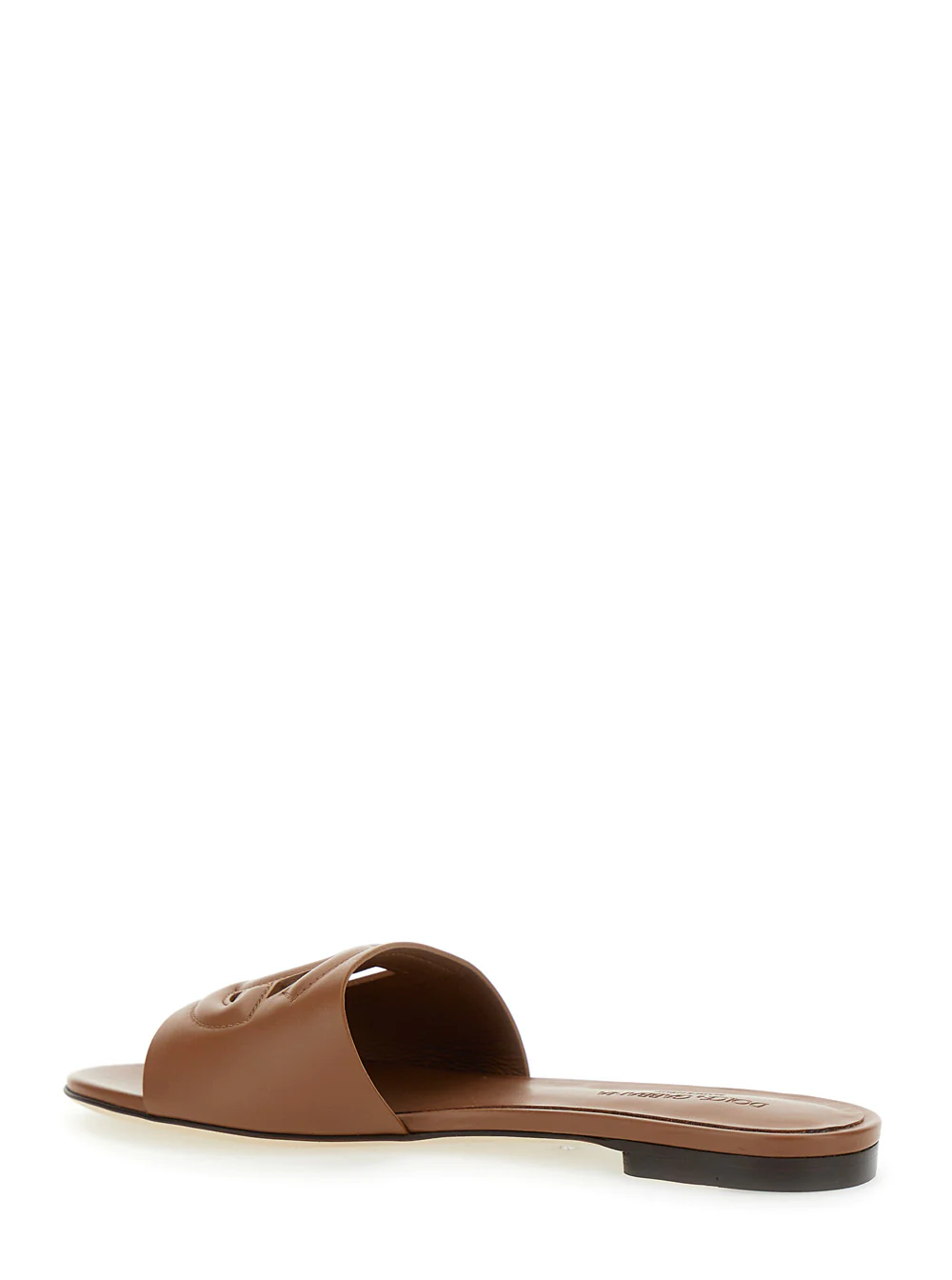 Dolce & Gabbana Brown Leather Cut Out Logo Slide Sandal Cq0436 For Women Lamb Calf Flat Shoes