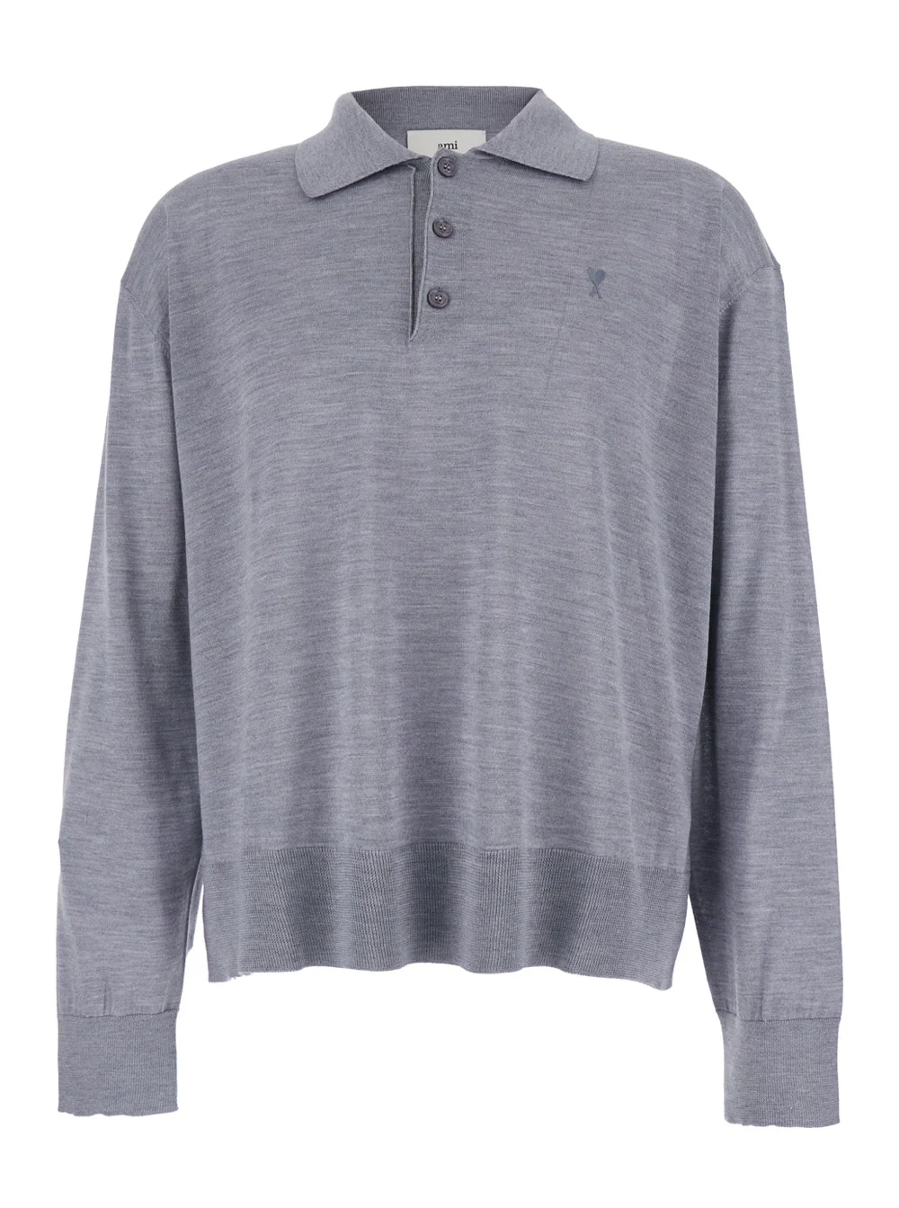 AMI Paris Grey Polo Shirt with Classic Collar and ADC Embroidery on the Front in Wool Silk Blend Man Tshirts