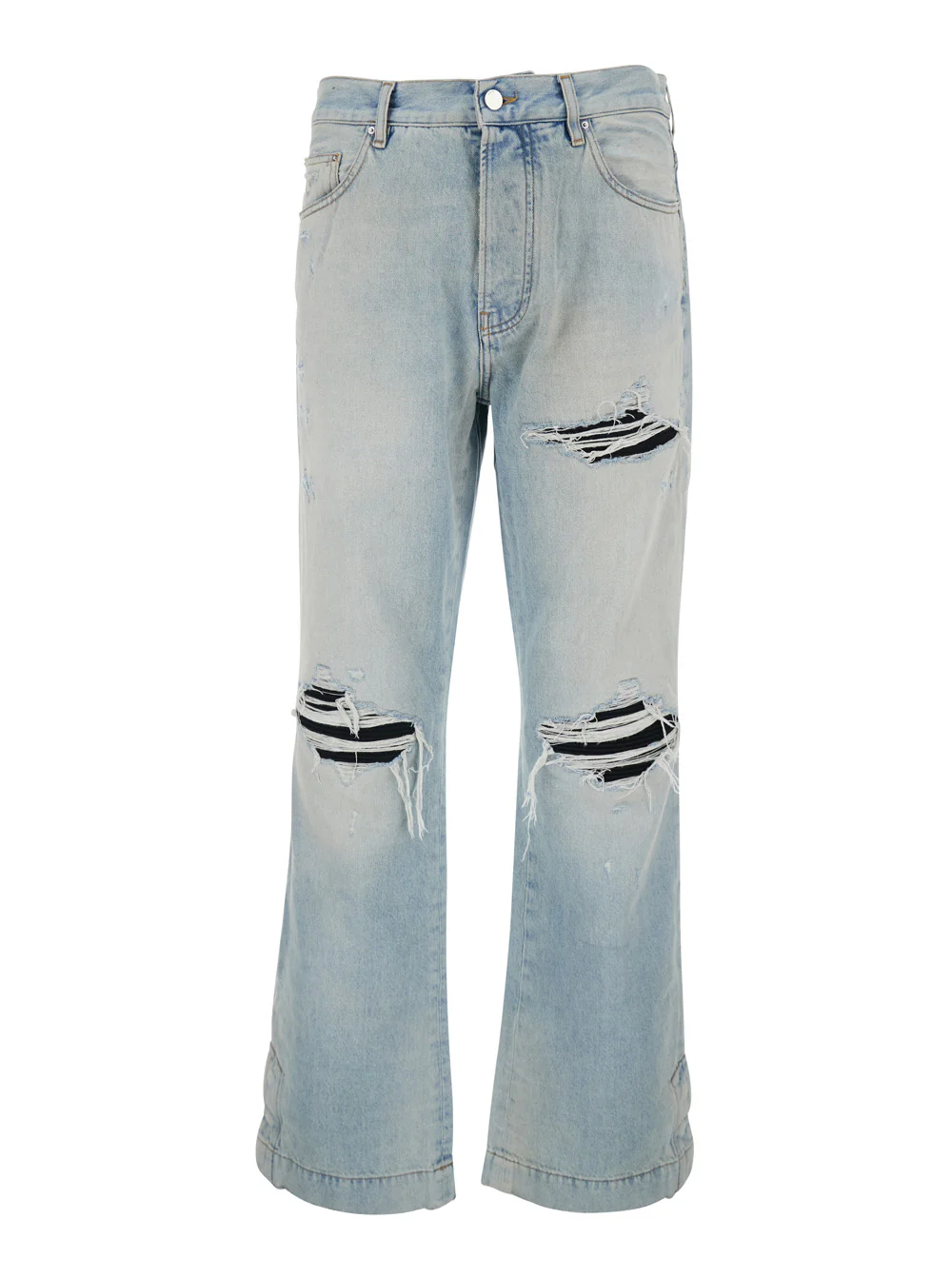 Amiri Mens Light Blue Denim Jeans with Ripped Details and Logo Patch on the Back Cotton