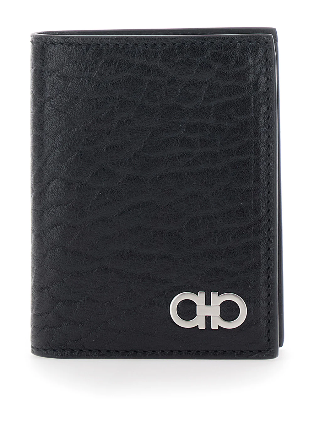 Ferragamo Black Bi-Fold Wallet with Gancini Plaque on the Front in Leather Man Calf Products