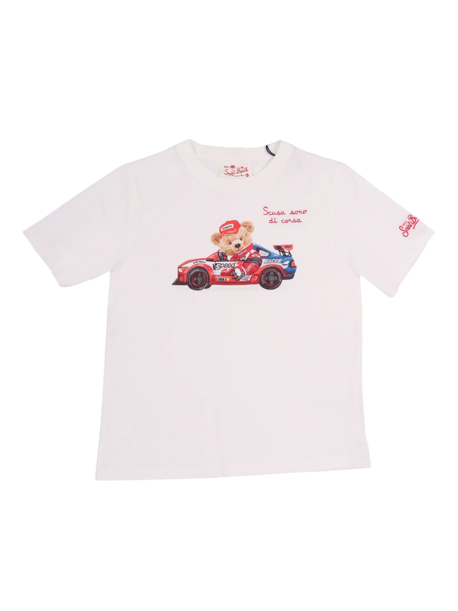 Mc2 Saint Barth Denver Jr-Bear Racing 01n Emb White Cotton Short Sleeves T-shirt