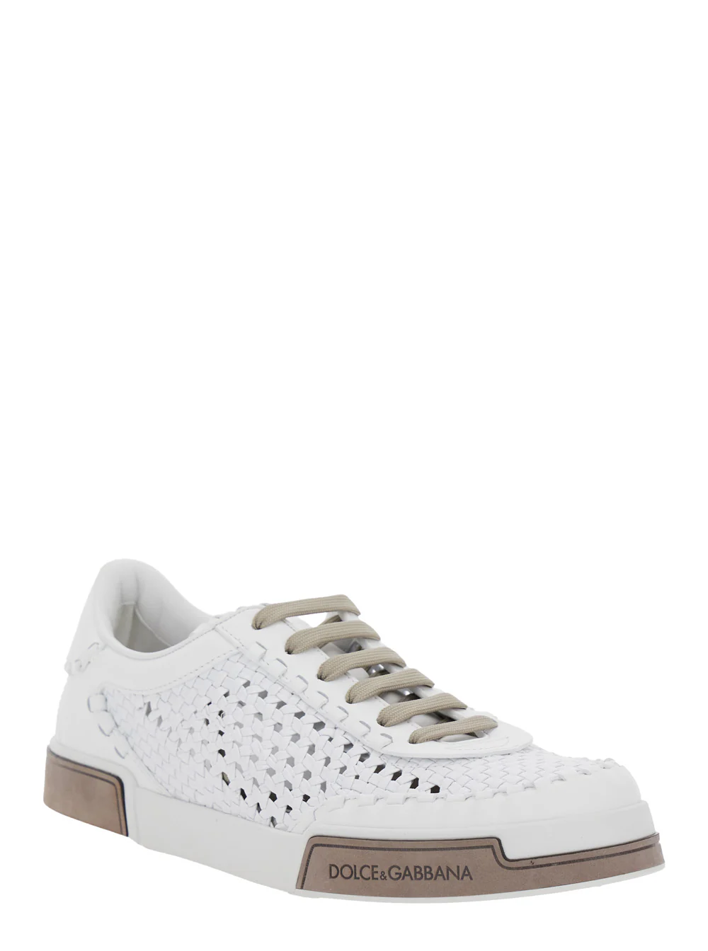 Dolce & Gabbana PortofinoWhite Sneakers with Mesh Inserts and Embossed Logo on the Side in Leather Man White Goat Calf