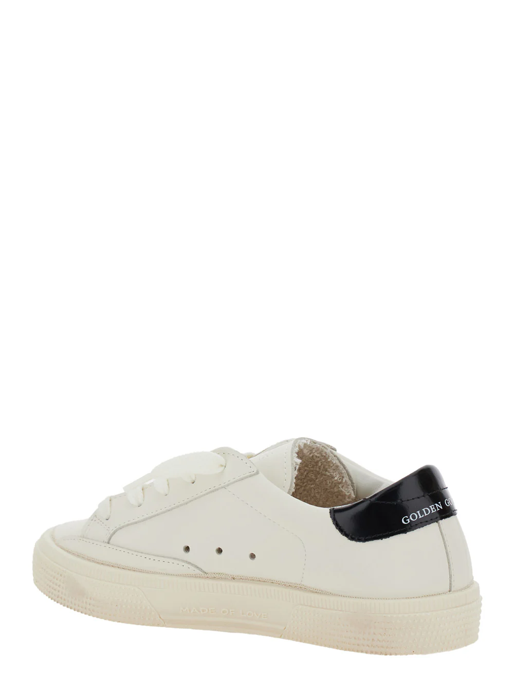 Golden Goose Kids May White Low Top Sneakers with Glittered Star Patch and Contrasting Heel Logo Lettering in Leather Girl Cow