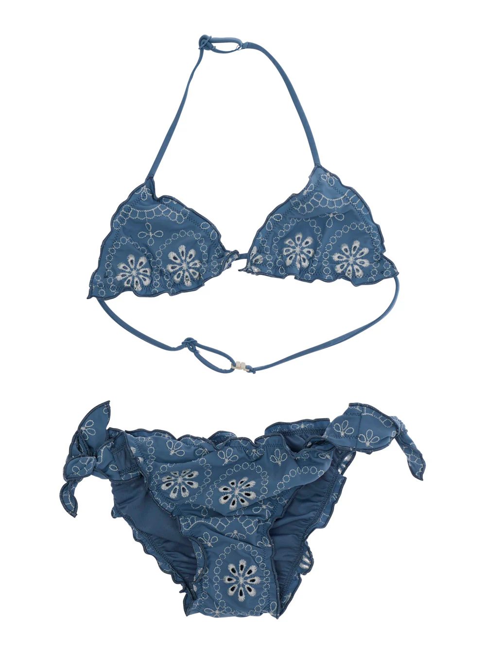 Mc2 Saint Barth Kids Cris - Bikini With V-Neck And Blue Broderie Anglaise Details Blu Beachwear