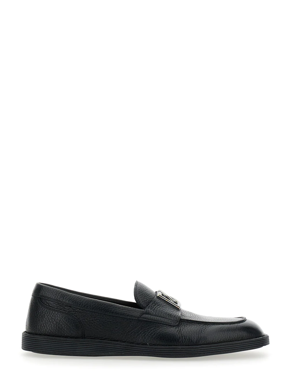 Dolce & Gabbana Florio Black Loafers with DG Plaque on the Front in Grained Leather Man Deer