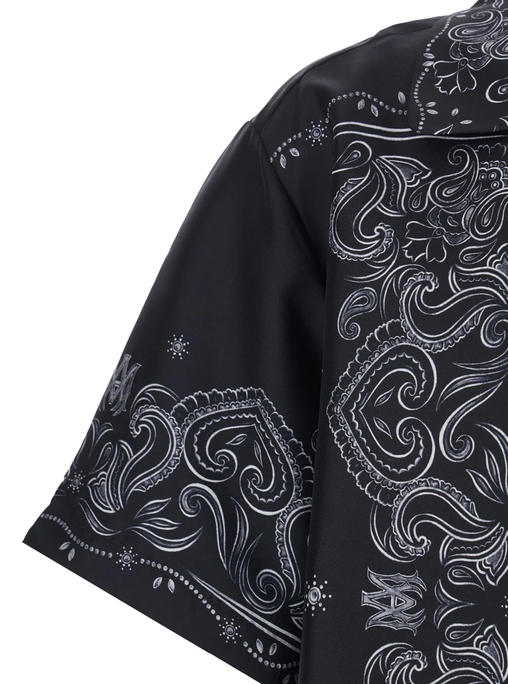 Amiri Black Shirt with Cuban Collar and All-Over Bandana Print in Silk Man Blouses