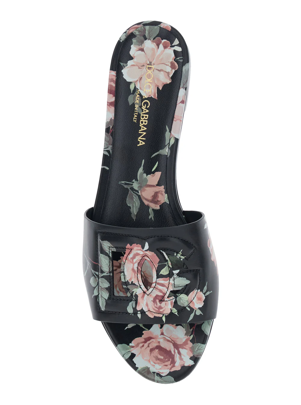 Dolce & Gabbana Black Leather Slide Sandals with Cut Out DG Logo and Floral Motif for Women Lamb Sheep Calf Flat Shoes