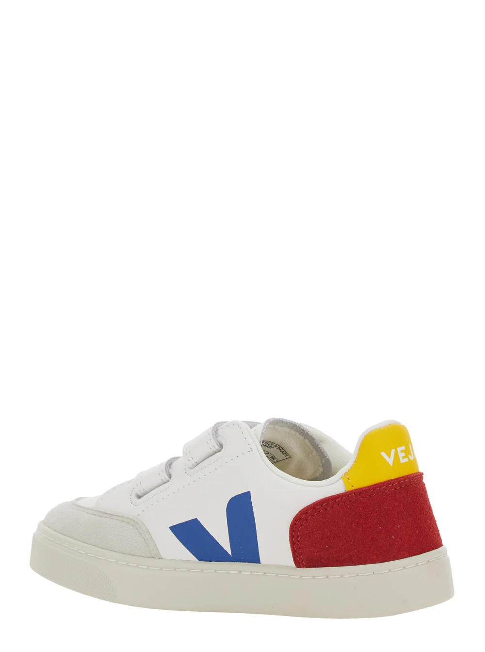 Veja Kids V-12 White Low Top Sneakers with Logo Patch on the Side and Contrasting Heel Lettering in Leather Boy