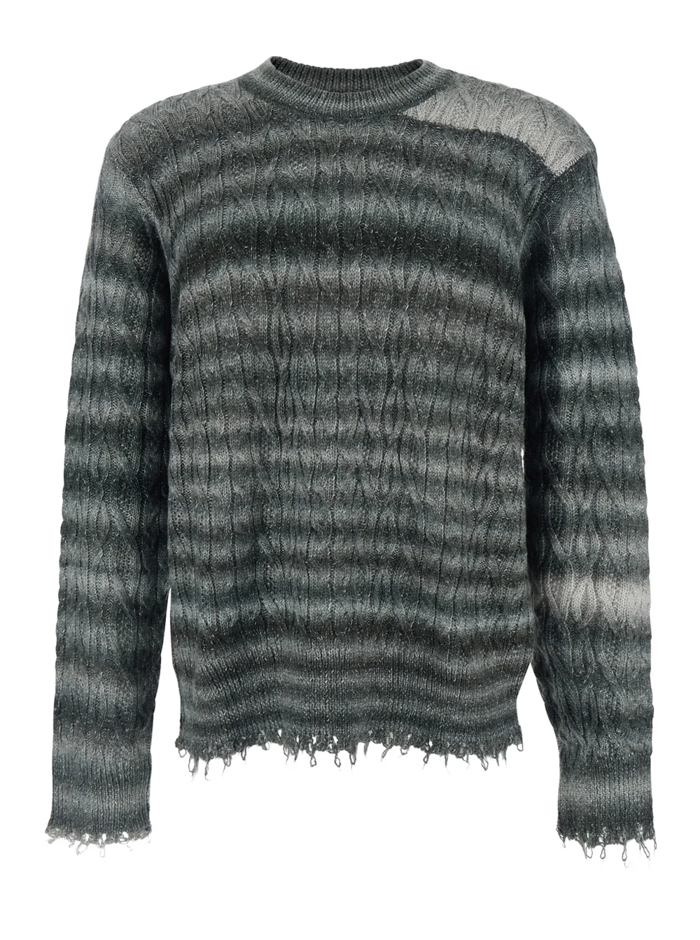 Won Hundred Grey Crewneck Sweater with Fringed Hem and All-Over Striped Motif in Cotton Blend Man Nylon (recycled) Jersey