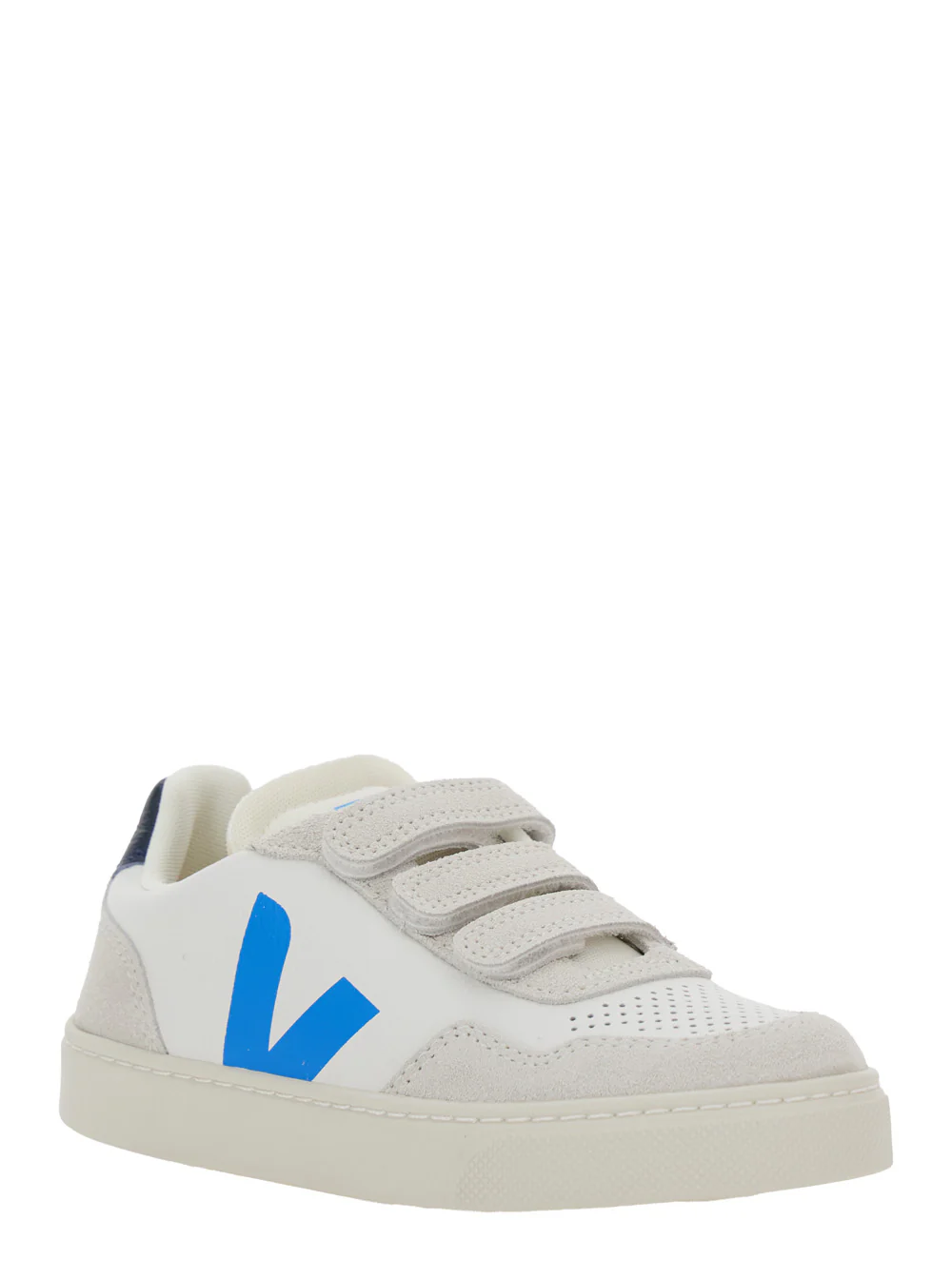 Veja Kids V-90 White Low Top Sneakers with Logo Patch on the Side and Contrasting Heel Lettering in Leather Boy