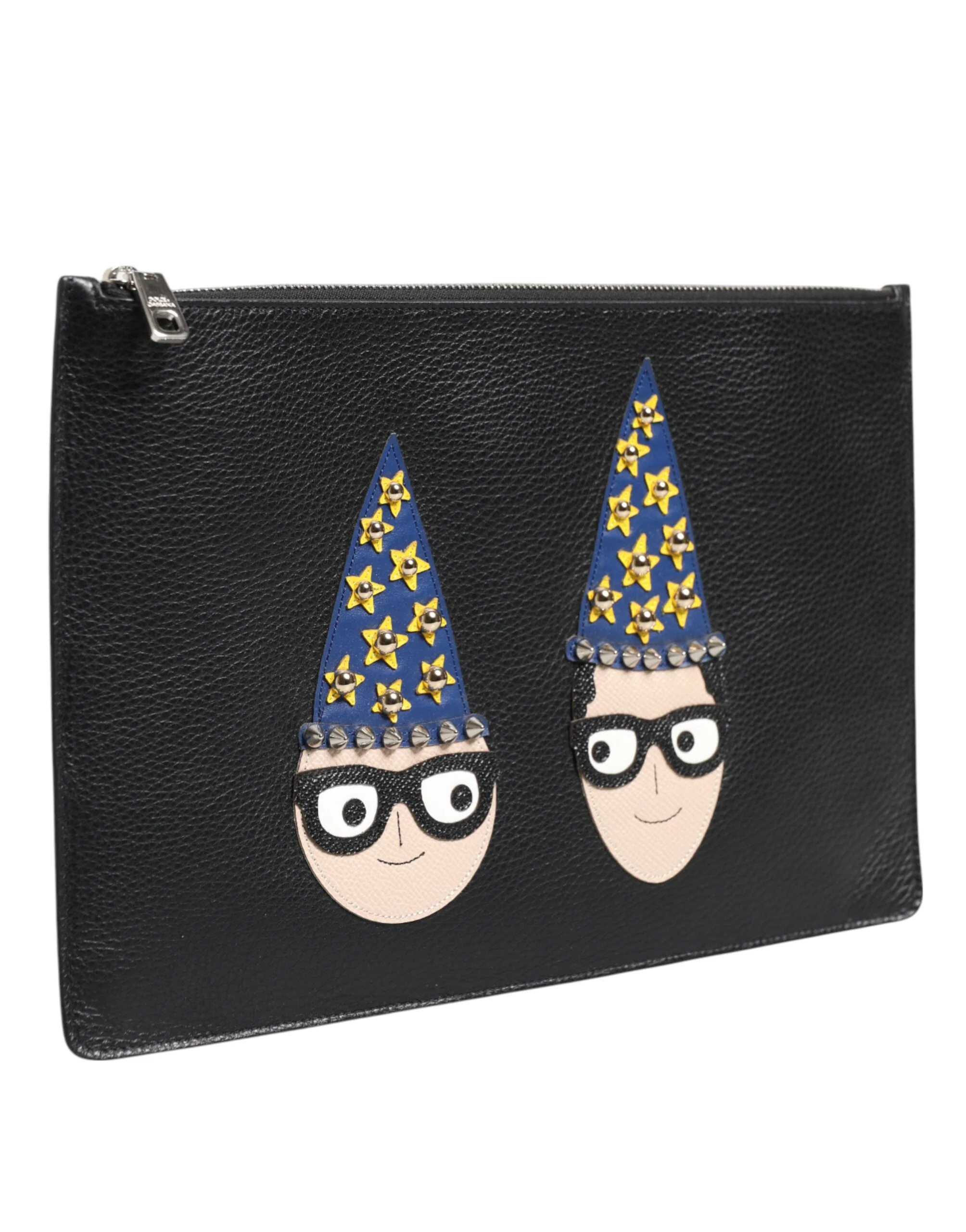 Dolce & Gabbana Black Leather #dgfamily Embellished Men Clutch Pouch Bag Accessory