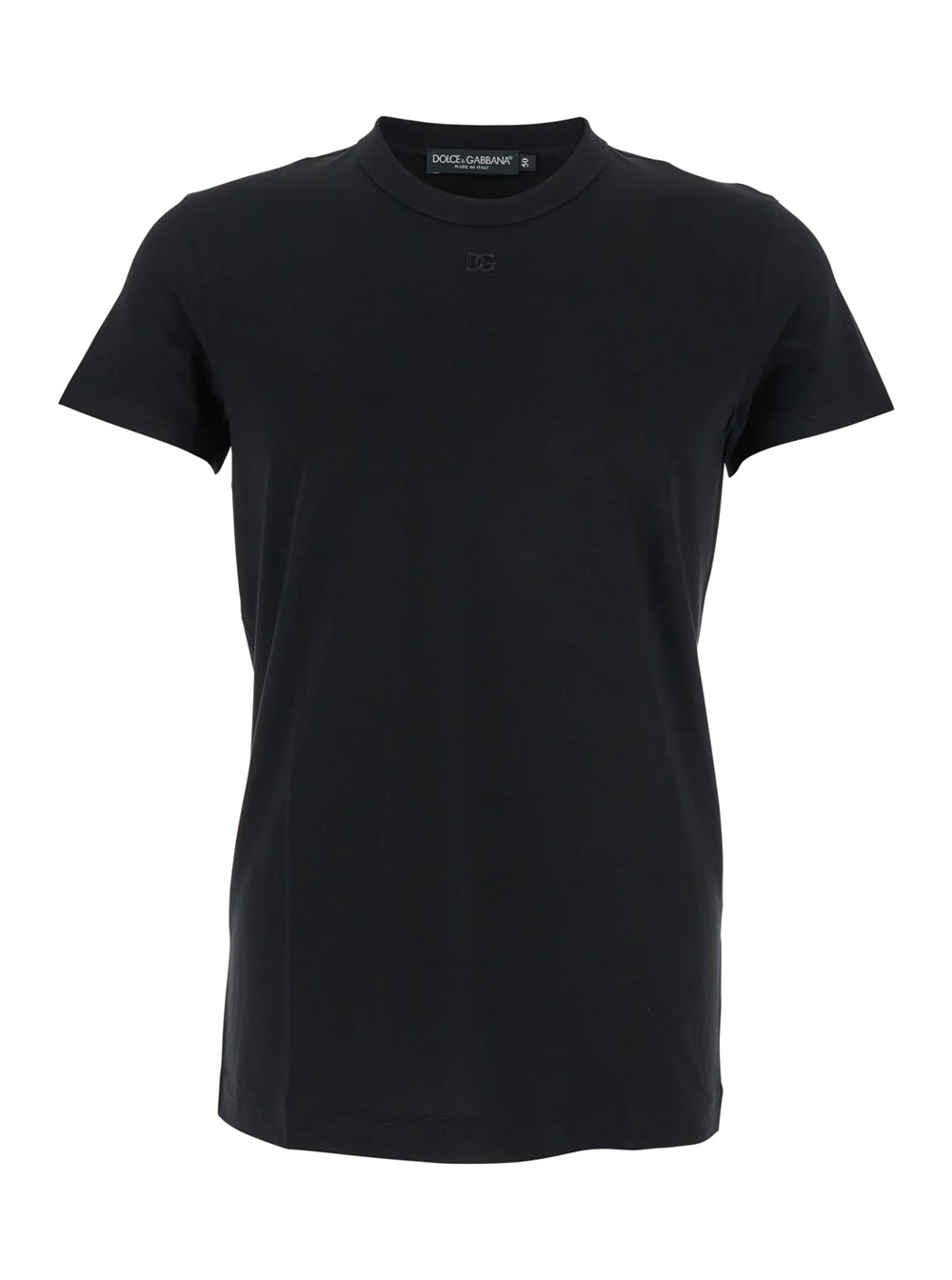 Dolce & Gabbana Black Crewneck T-Shirt with Tonal Logo Lettering Embroidery on the Front in Cotton Stretch Man Elastane Tshirts And Polo Shirts