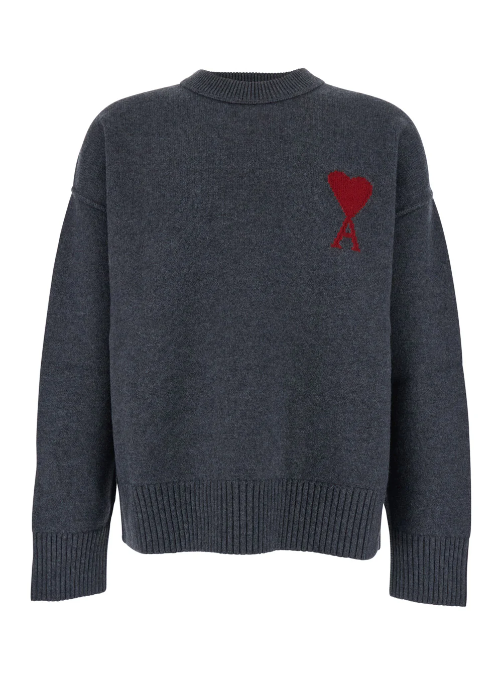 AMI Paris Crewneck Sweater With Dropped Shoulders And Adc Embroidery On The Front Gray Wool For Men Grey Jersey