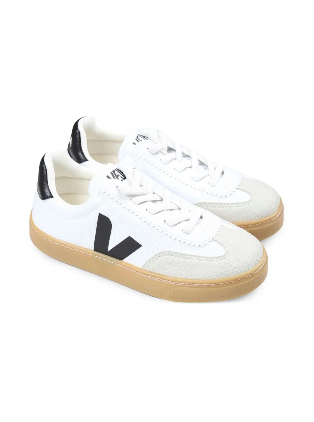 Veja Kids Volley White Low Top Sneakers with Contrasting Heel Logo Lettering and Detail on the Side in Canvas Boy