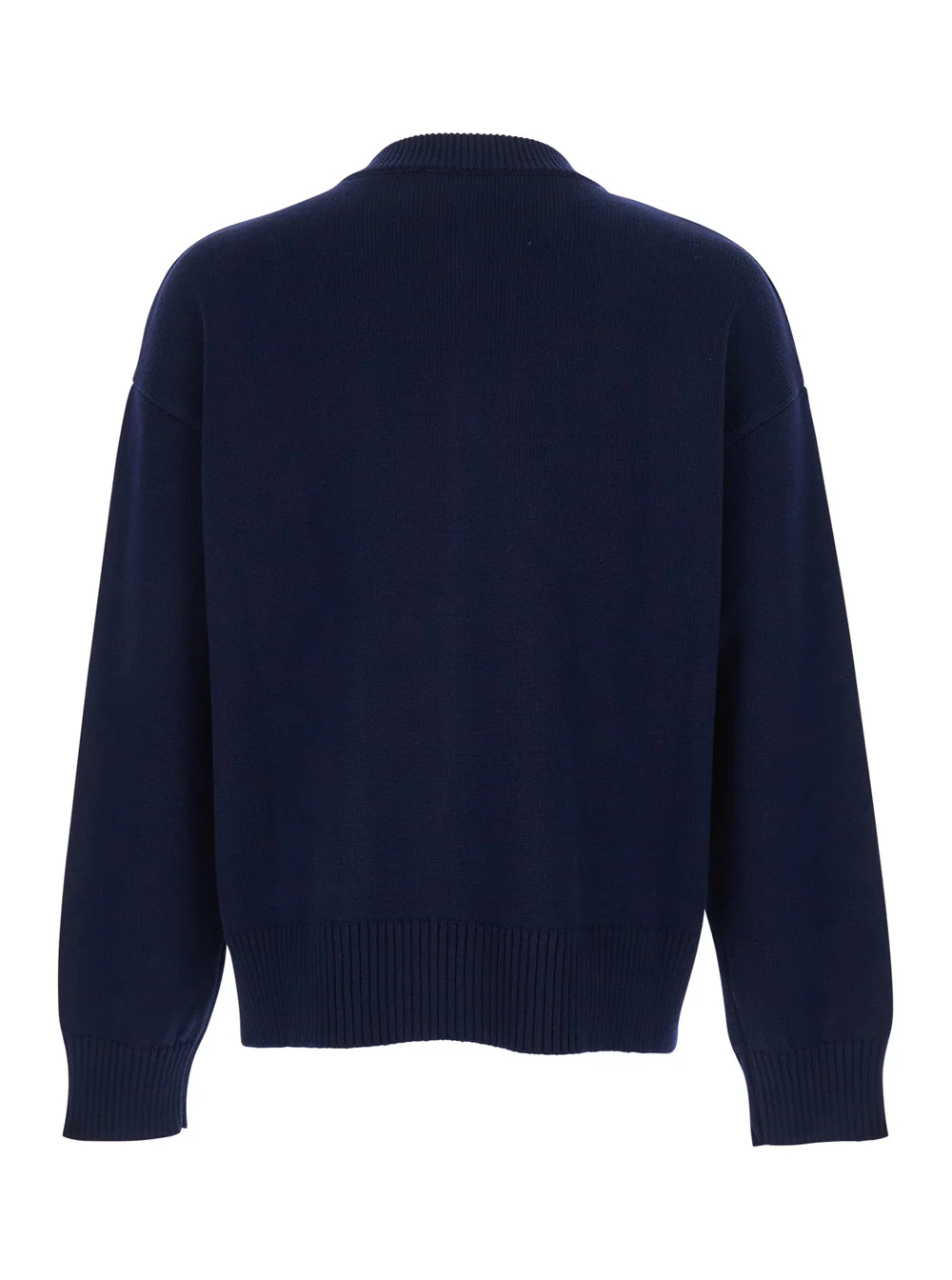 AMI Paris Blue Crew Neck Cardigan with Contrasting ADC Logo in Wool and Cotton Blend for Men Blu Jersey