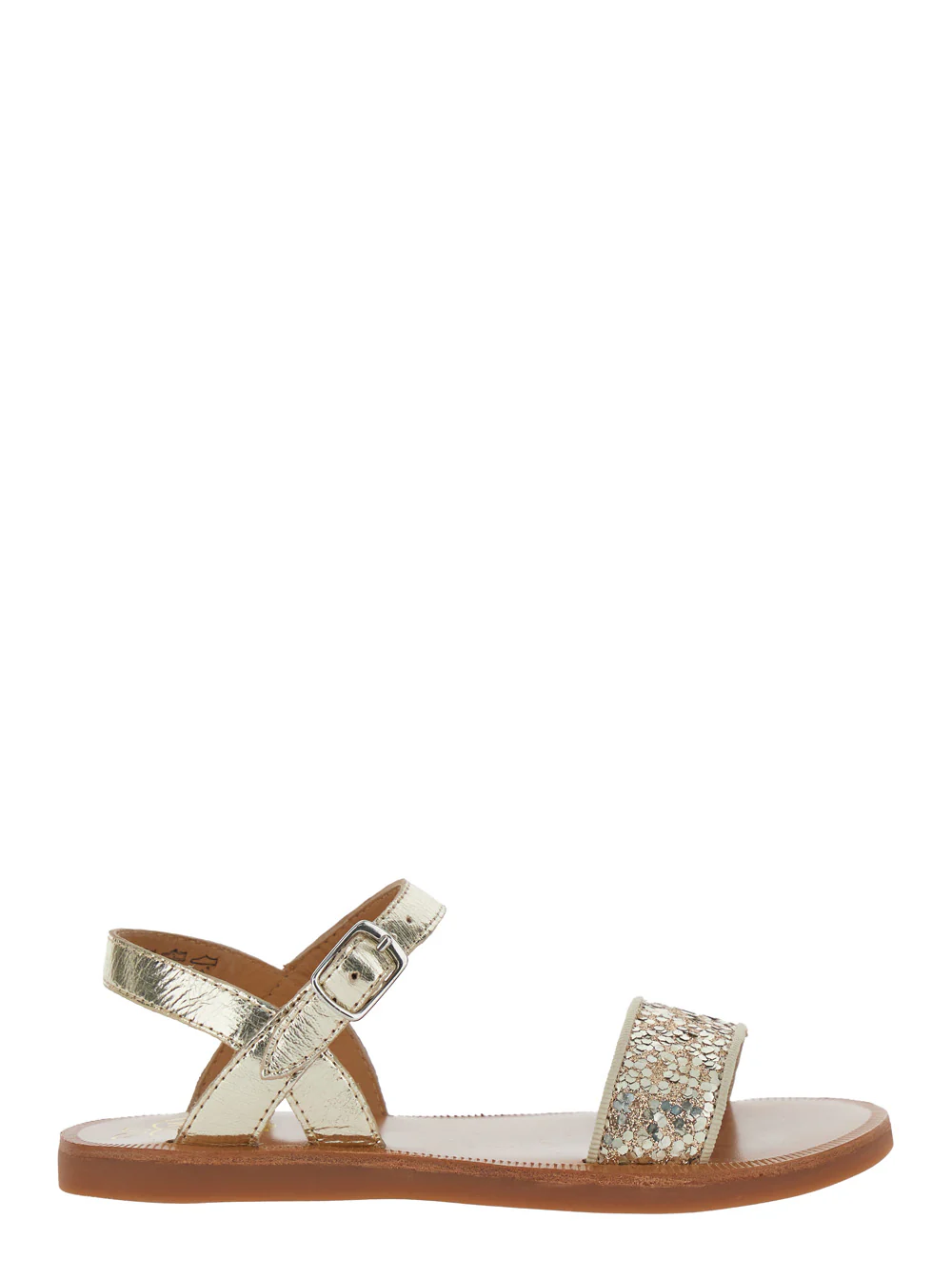 Pom D'Api Kids PLAGETTE BUCKLE TAO LAM-GLI Sandals with Metal Detail for Women Metallic Leather Textile Flat Shoes