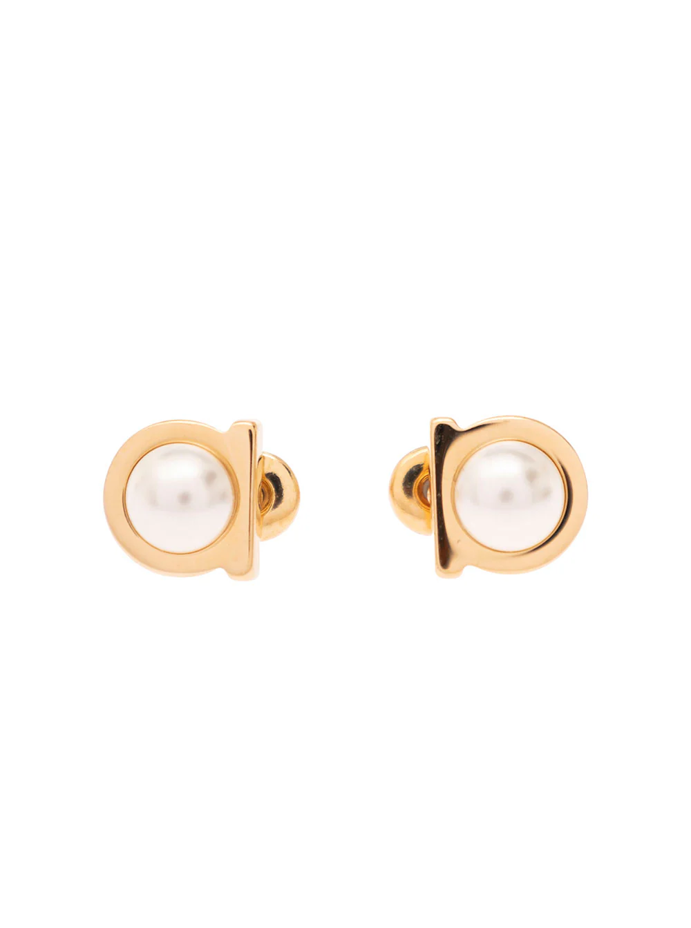 Ferragamo Stud G Pearl Metallic Brass Glass Earrings